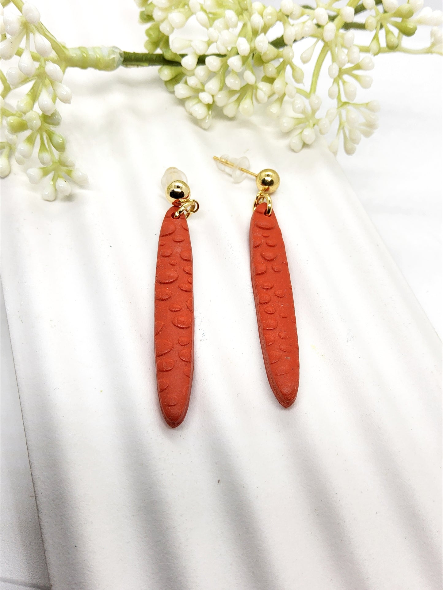 FLAME RED BUBBLE SLIMLINE POLYMER CLAY EARRINGS