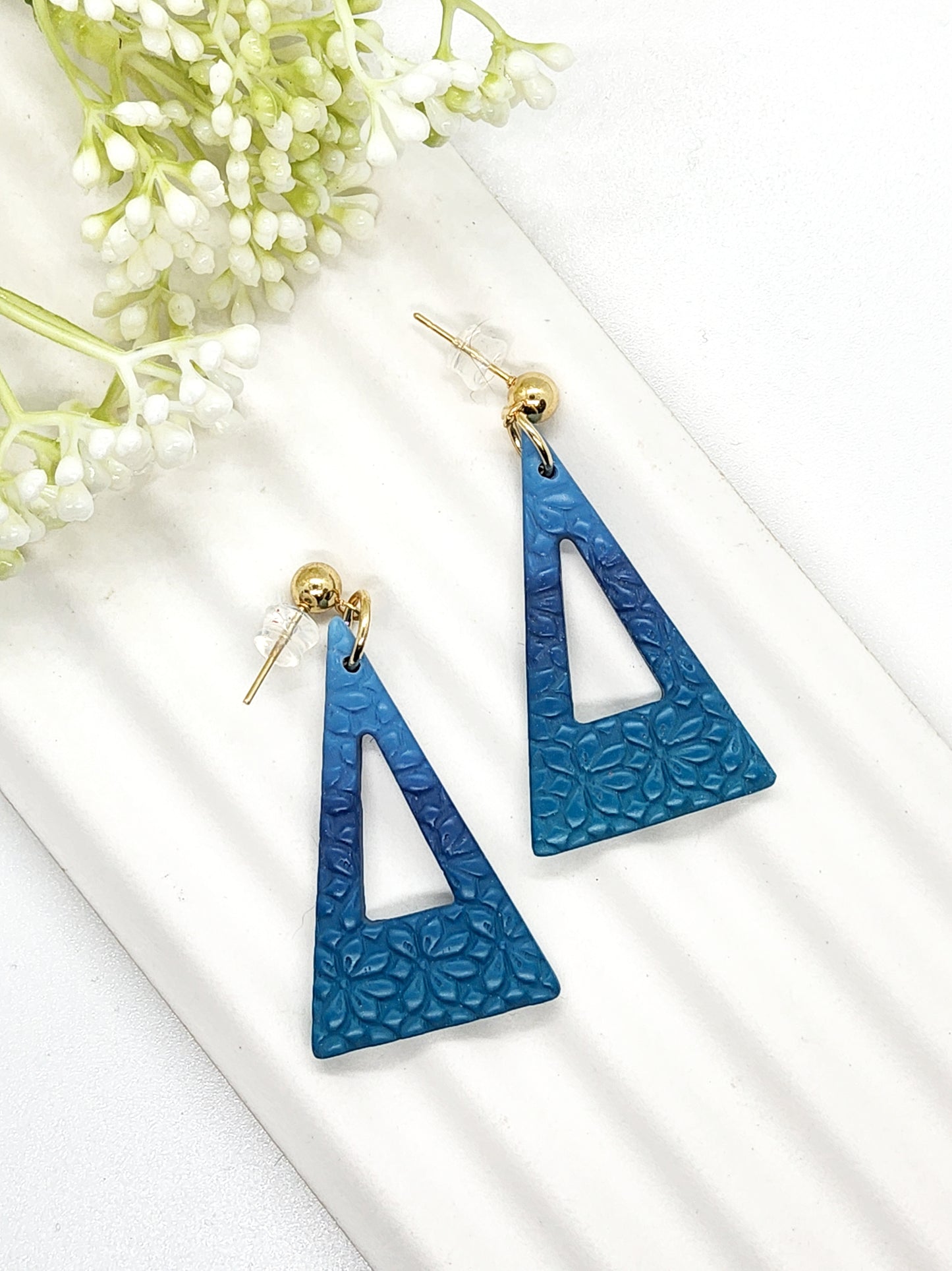 TEAL OMBRE TRIANGLE POLYMER CLAY EARRINGS