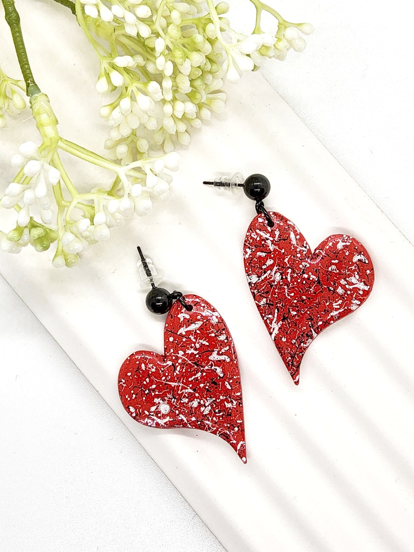 PAINT SPLATTER HEART POLYMER CLAY EARRINGS