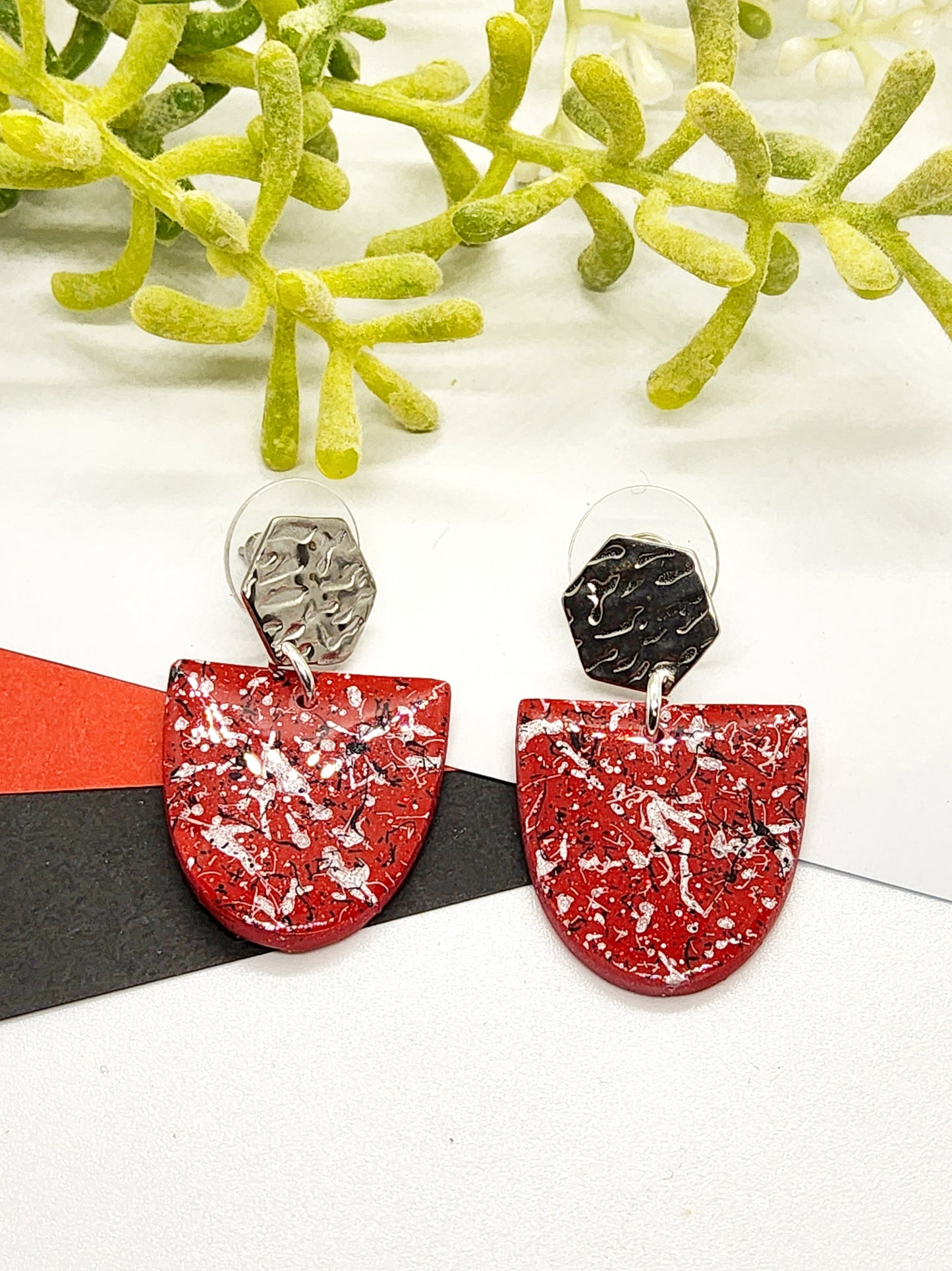 RED, SILVER, BLACK AND WHITE POLYMER CLAY EARRINGS