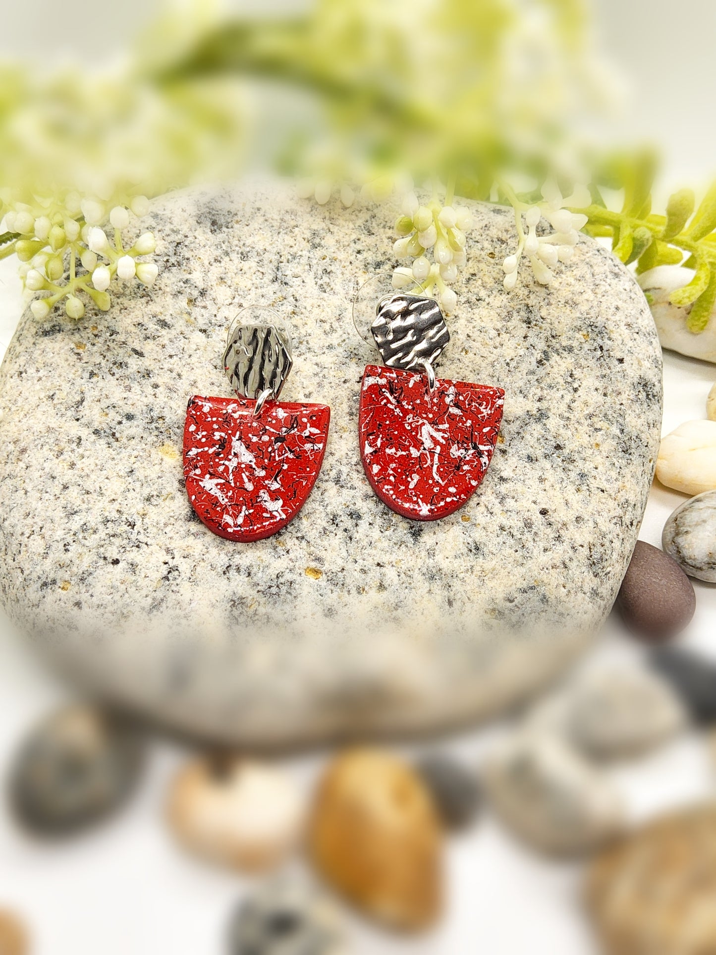 RED, SILVER, BLACK AND WHITE POLYMER CLAY EARRINGS