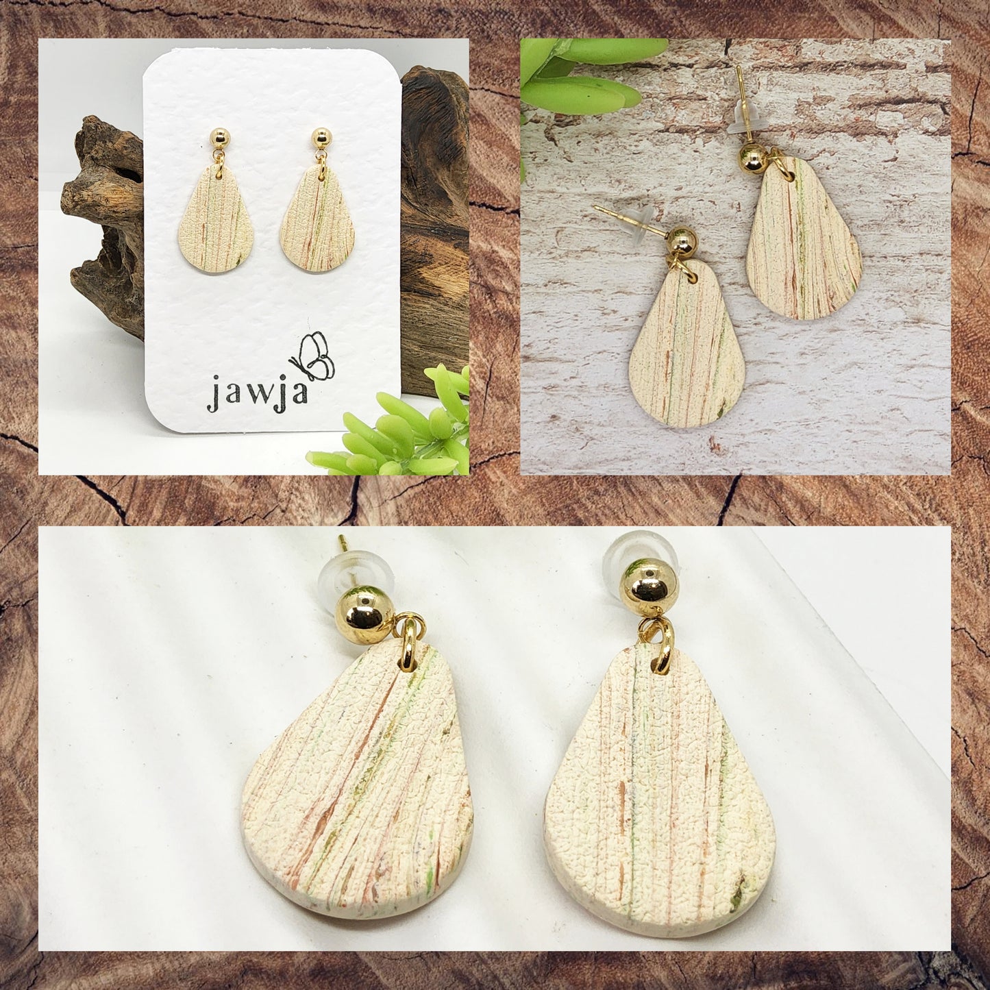CREAM FINE STRIPES POLYMER CLAY EARRINGS