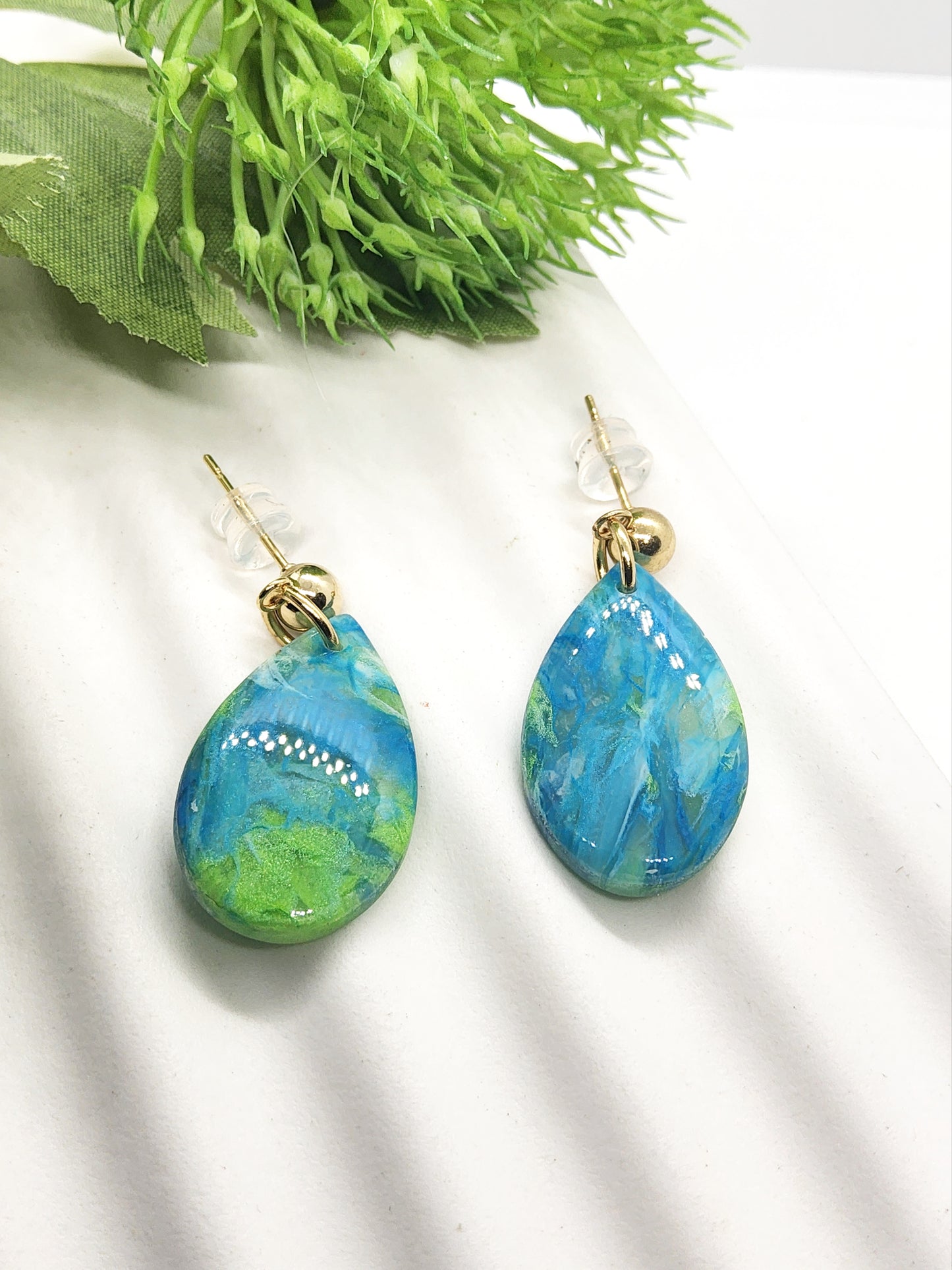 BLUE AND GREEN MARBLED POLYMER CLAY EARRINGS