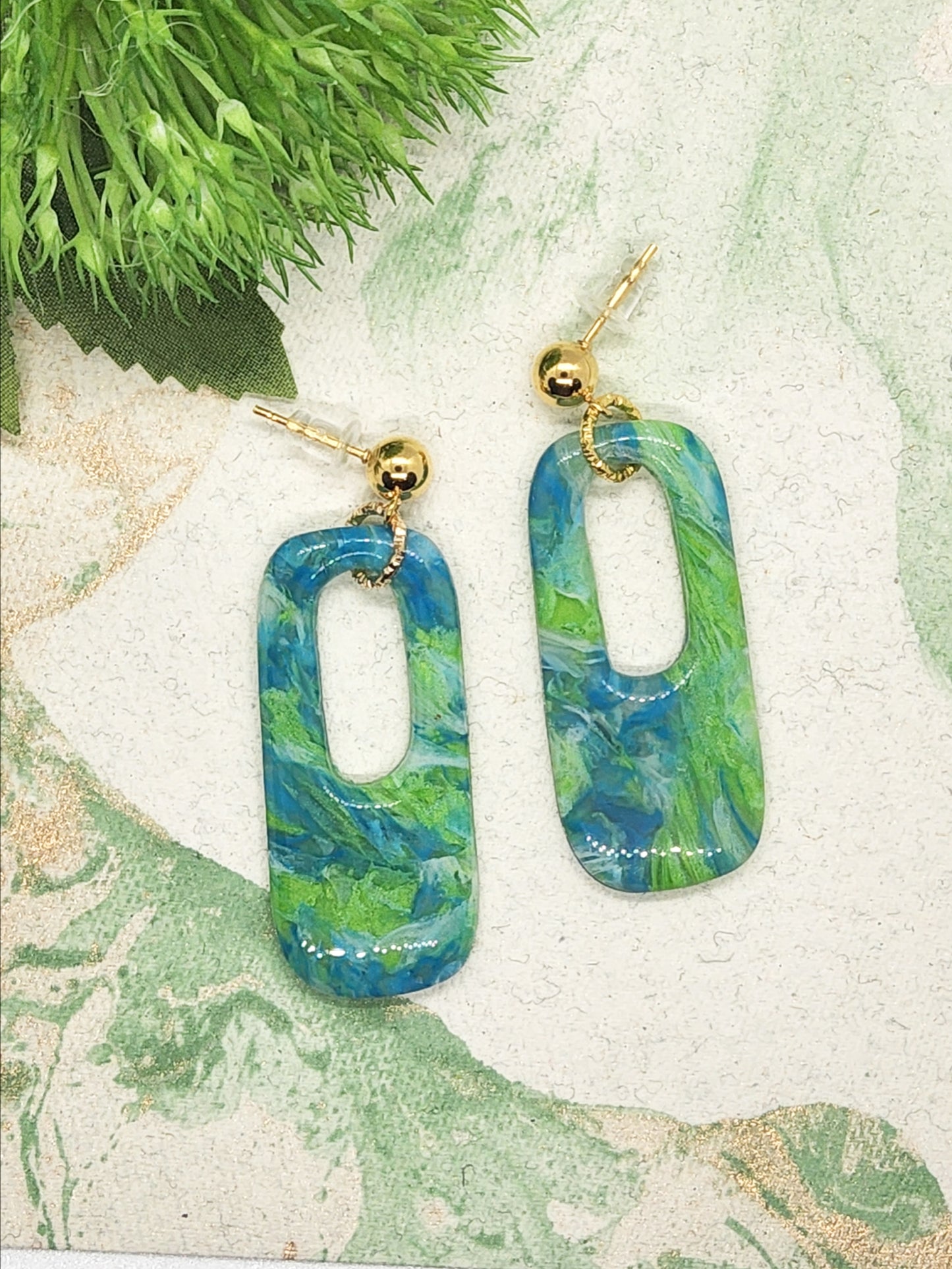 SWIRLS OF GREEN, BLUE AND WHITE POLYMER CLAY EARRINGS