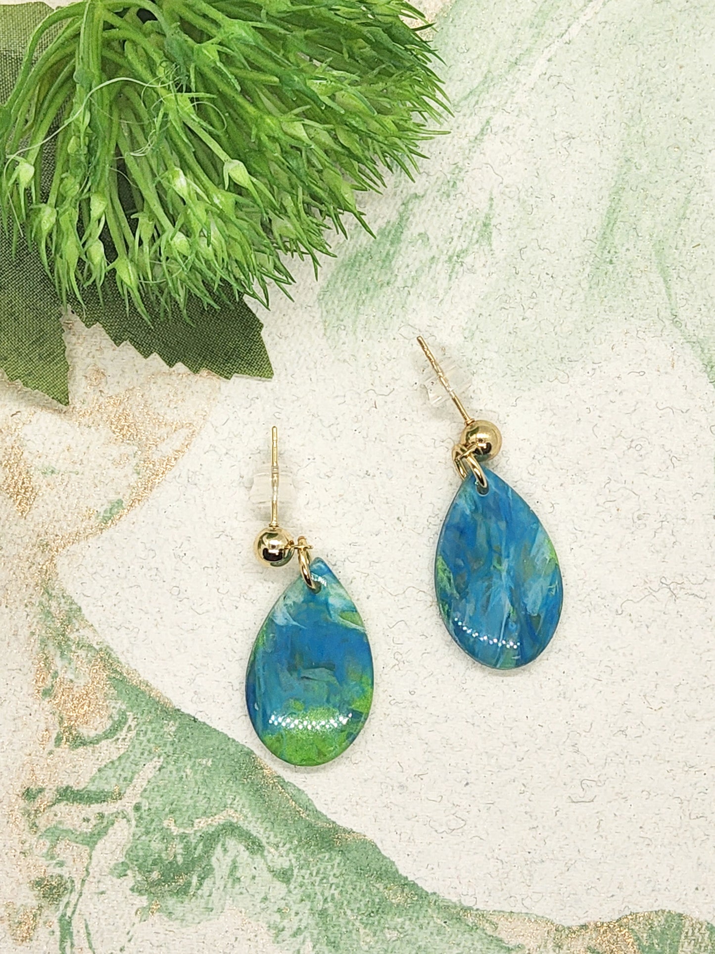 BLUE AND GREEN MARBLED POLYMER CLAY EARRINGS