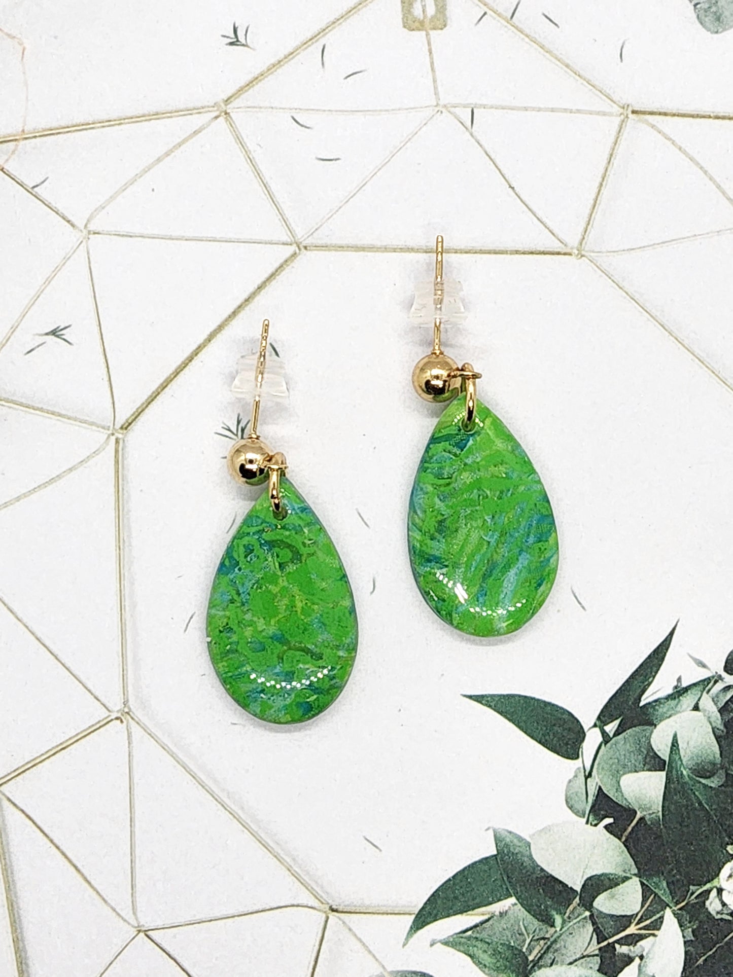 BRIGHT GREEN AND BLUE TEARDROP POLYMER CLAY EARRINGS