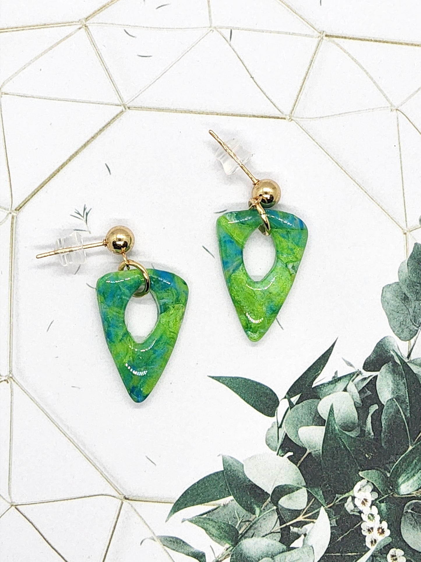 GREEN AND BLUE MARBLED POLYMER CLAY EARRINGS