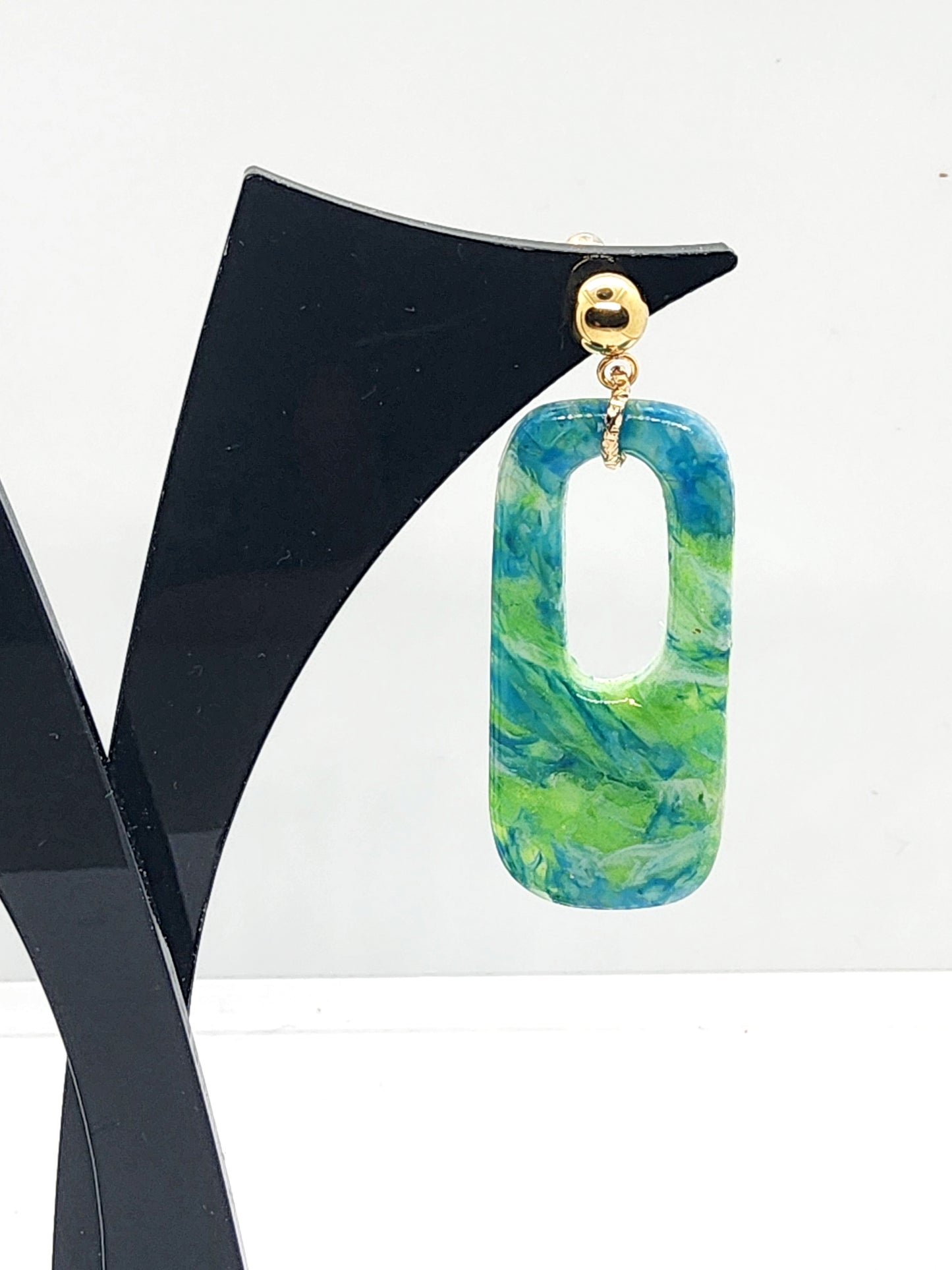SWIRLS OF GREEN, BLUE AND WHITE POLYMER CLAY EARRINGS