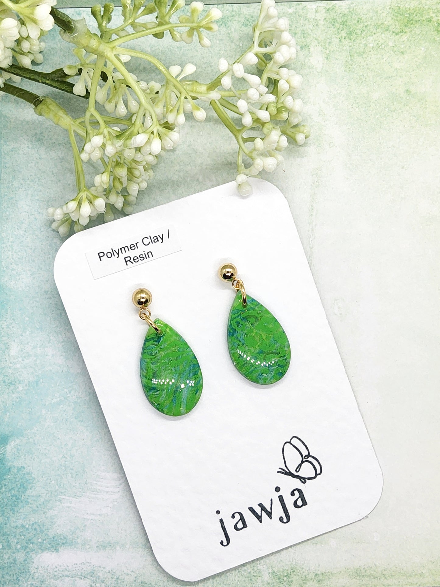 BRIGHT GREEN AND BLUE TEARDROP POLYMER CLAY EARRINGS