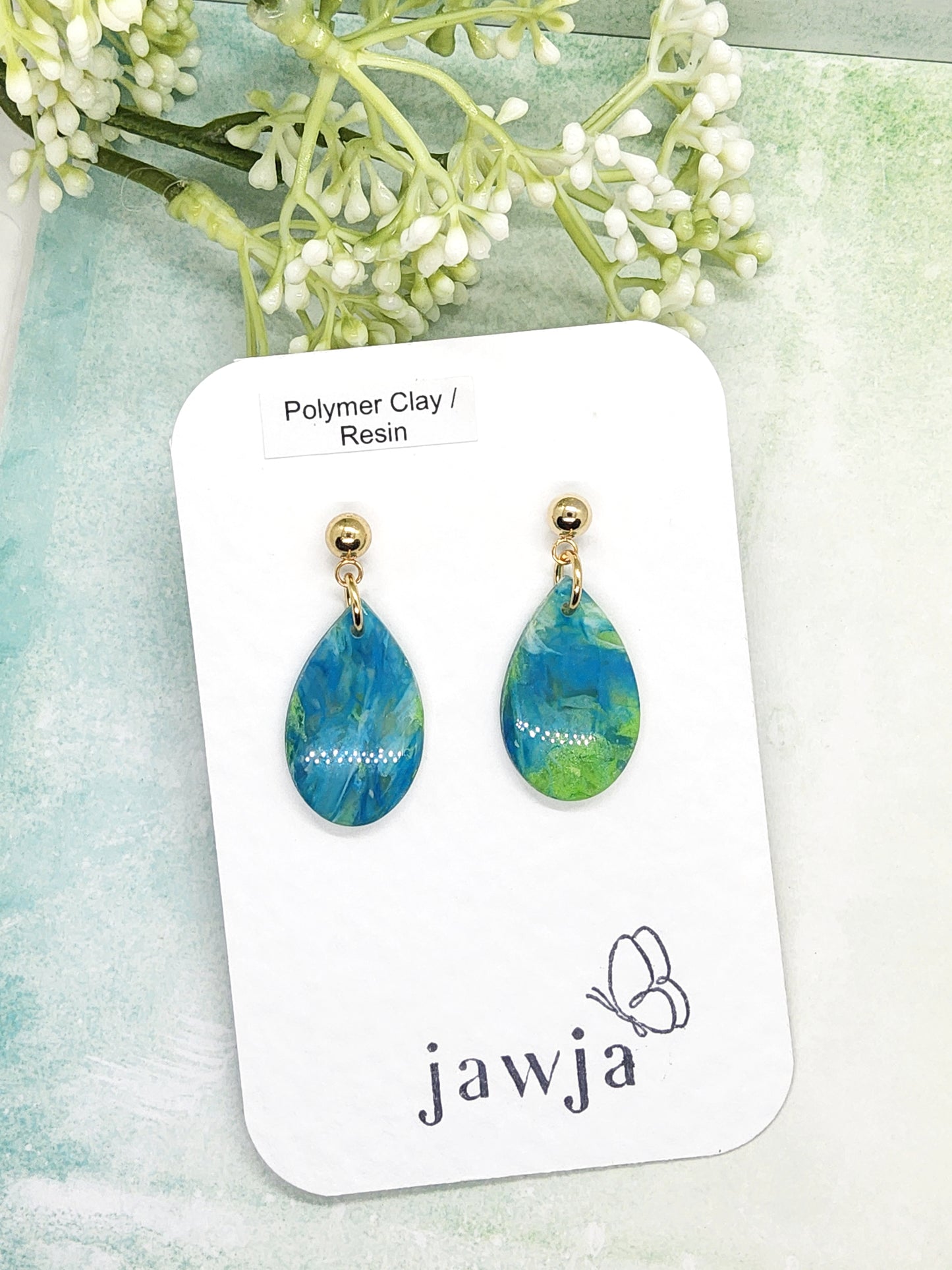 BLUE AND GREEN MARBLED POLYMER CLAY EARRINGS