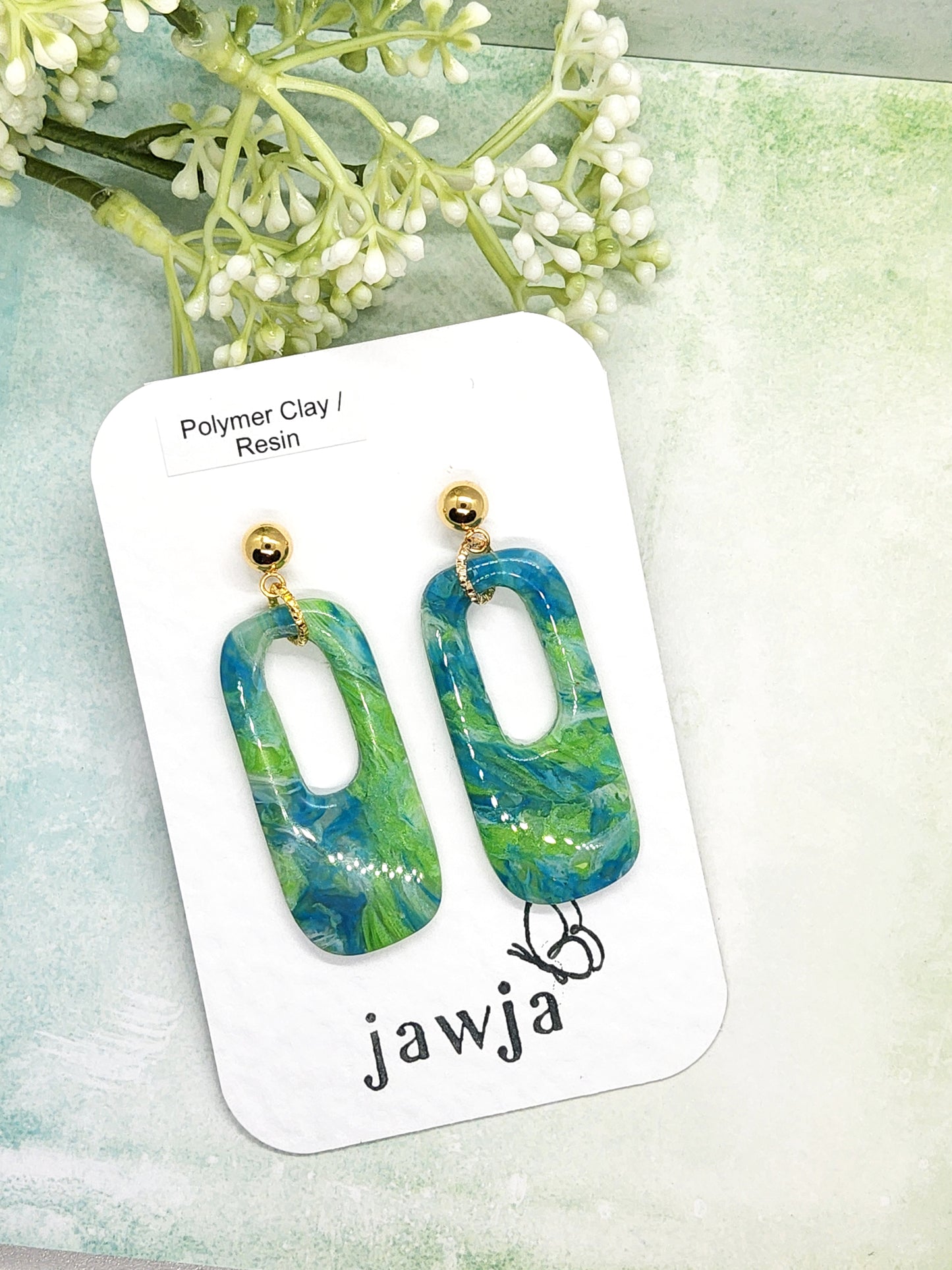 SWIRLS OF GREEN, BLUE AND WHITE POLYMER CLAY EARRINGS