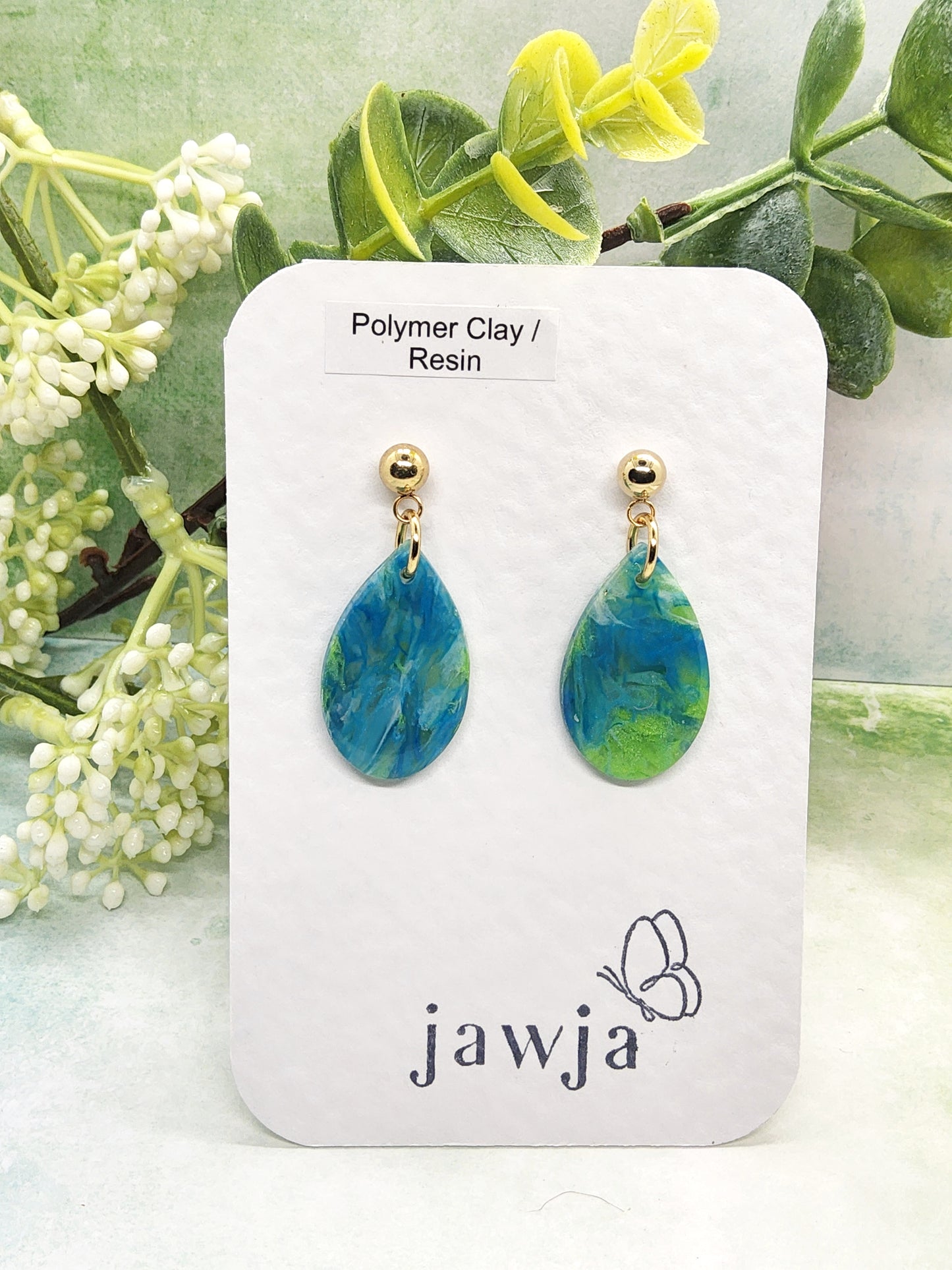 BLUE AND GREEN MARBLED POLYMER CLAY EARRINGS