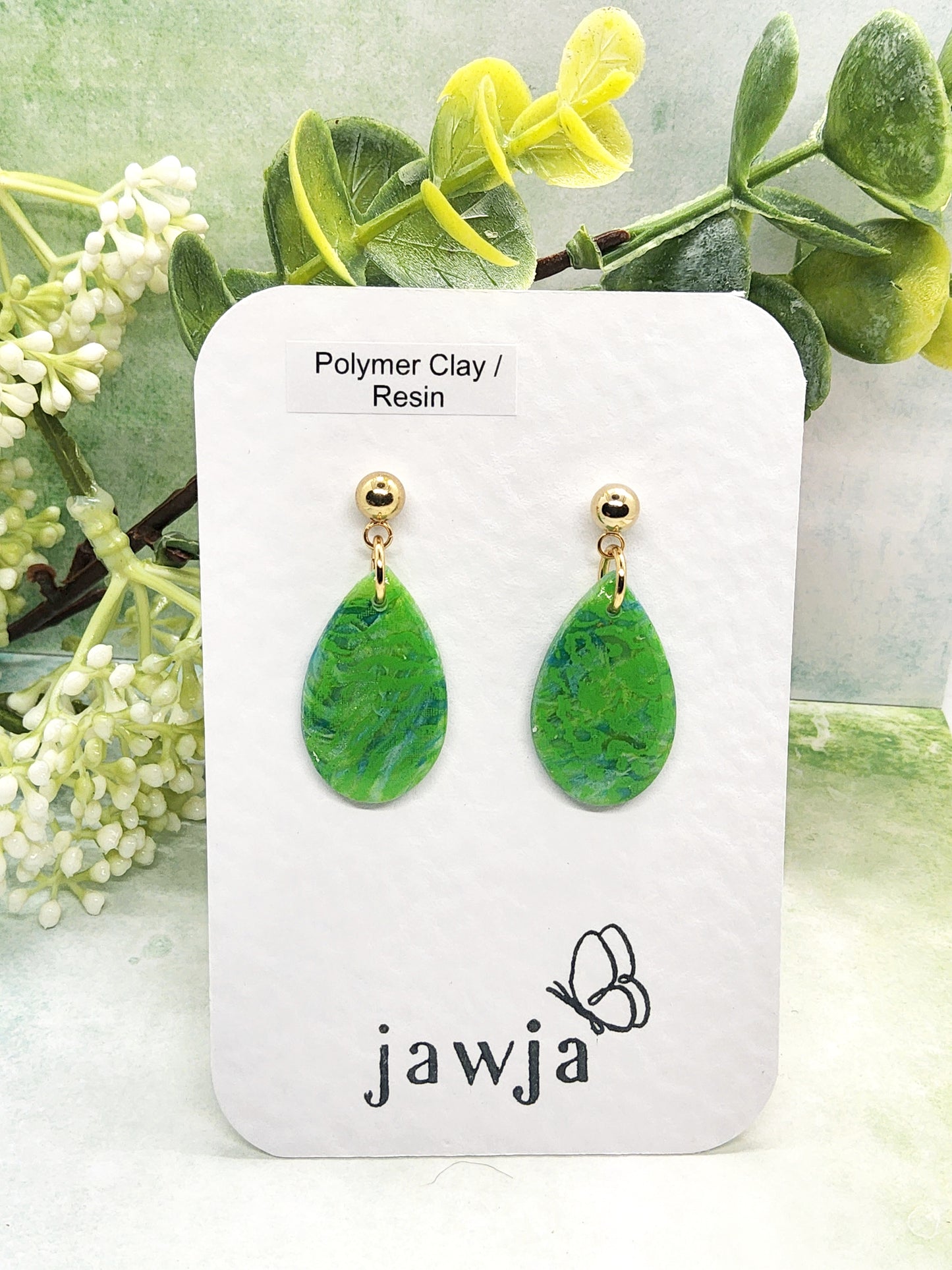 BRIGHT GREEN AND BLUE TEARDROP POLYMER CLAY EARRINGS