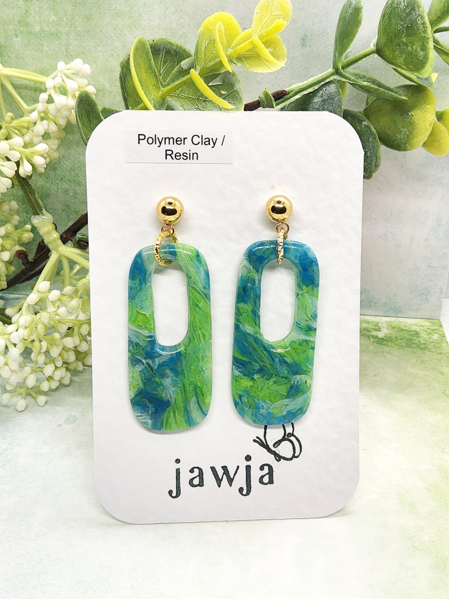 SWIRLS OF GREEN, BLUE AND WHITE POLYMER CLAY EARRINGS