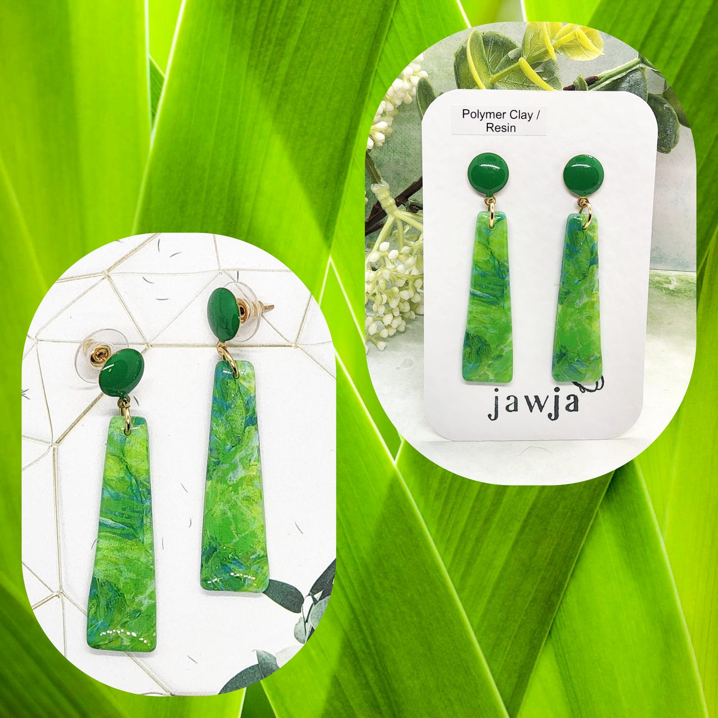 BRIGHT GREEN AND BLUE MARBLED POLYMER CLAY EARRINGS