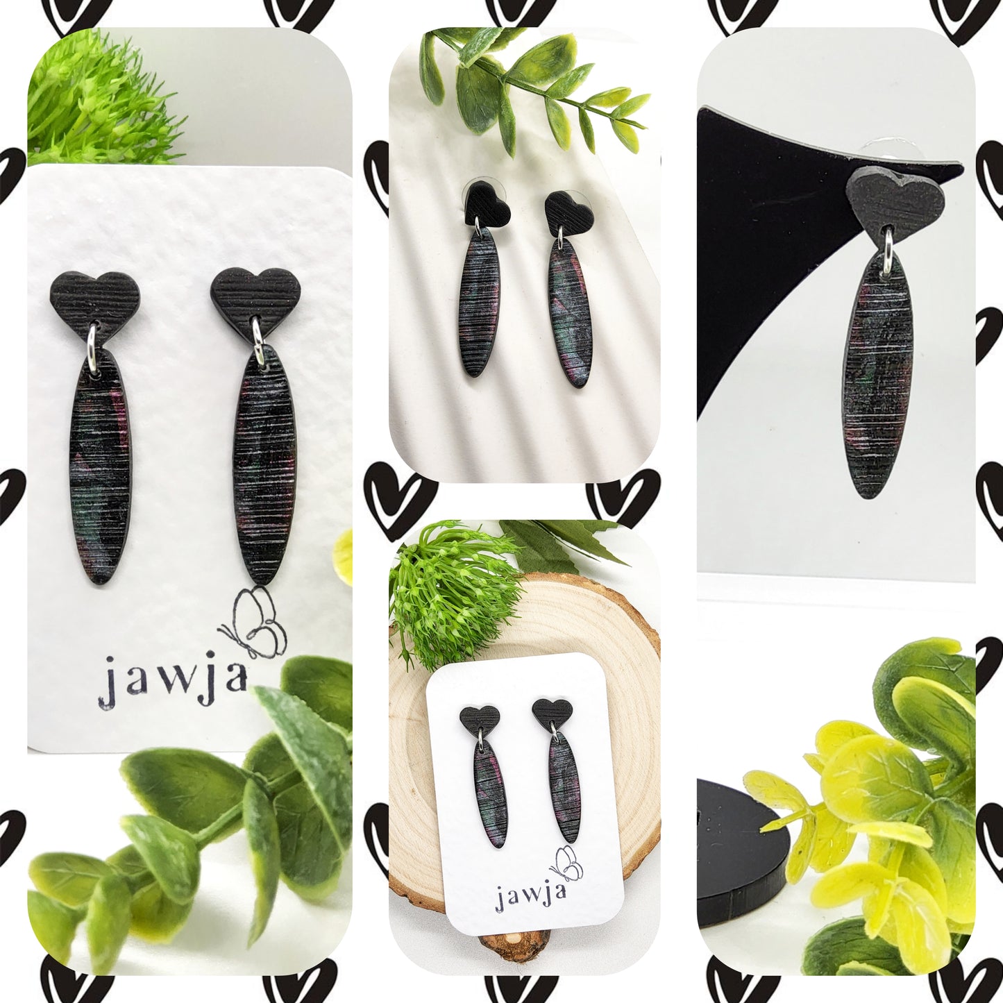 SLIM BLACK HEART POLYMER CLAY EARRINGS