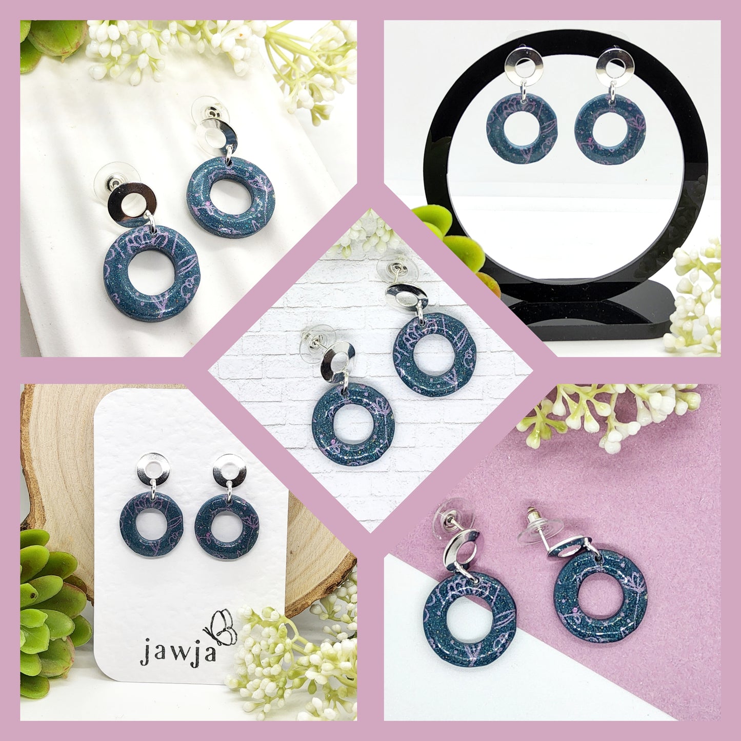 TEAL AND LILAC CIRCLE POLYMER CLAY EARRINGS