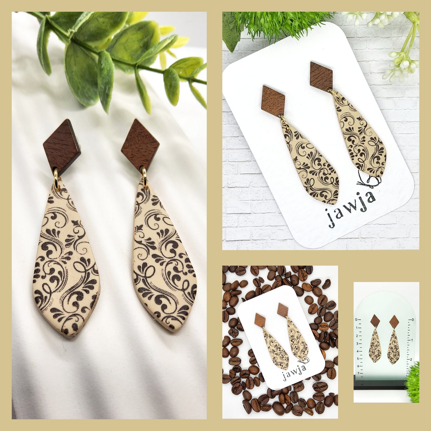 BROWN SCROLL LONG TEARDROP POLYMER CLAY EARRINGS