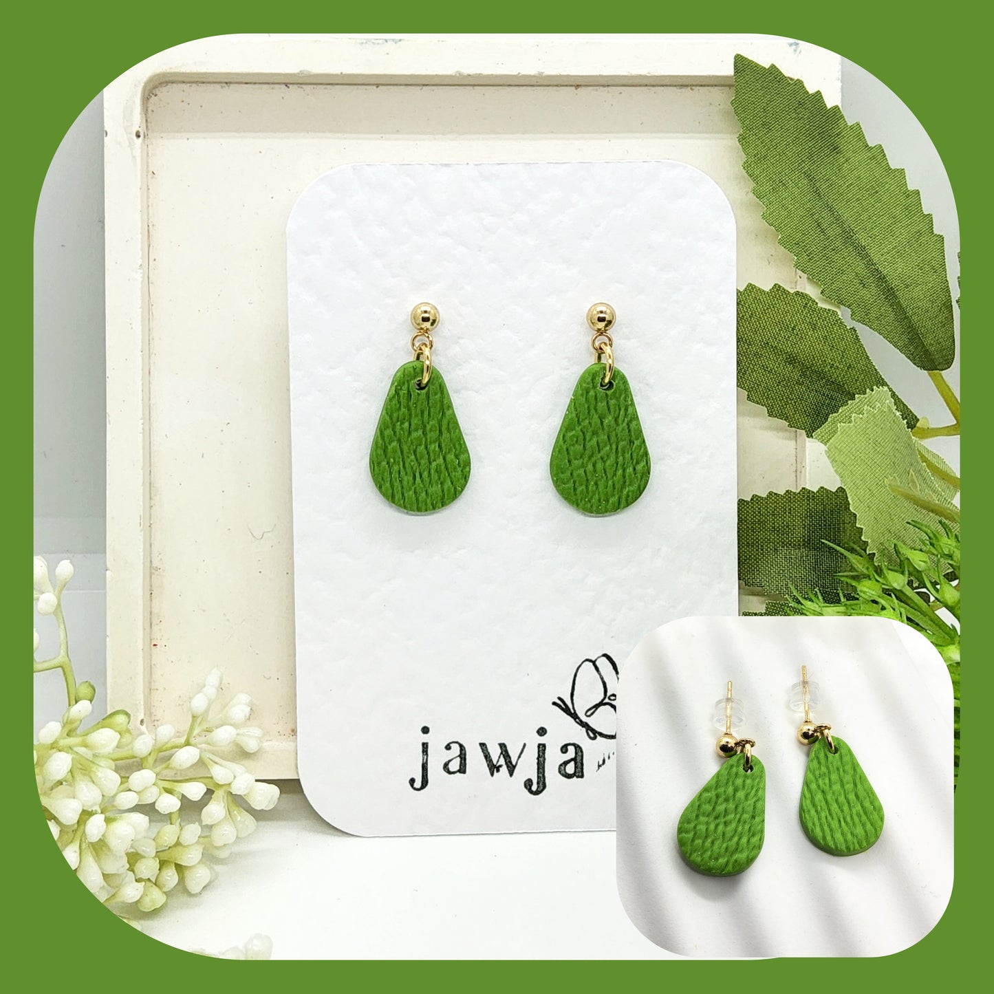 BRIGHT GREEN TEARDROP POLYMER CLAY EARRINGS