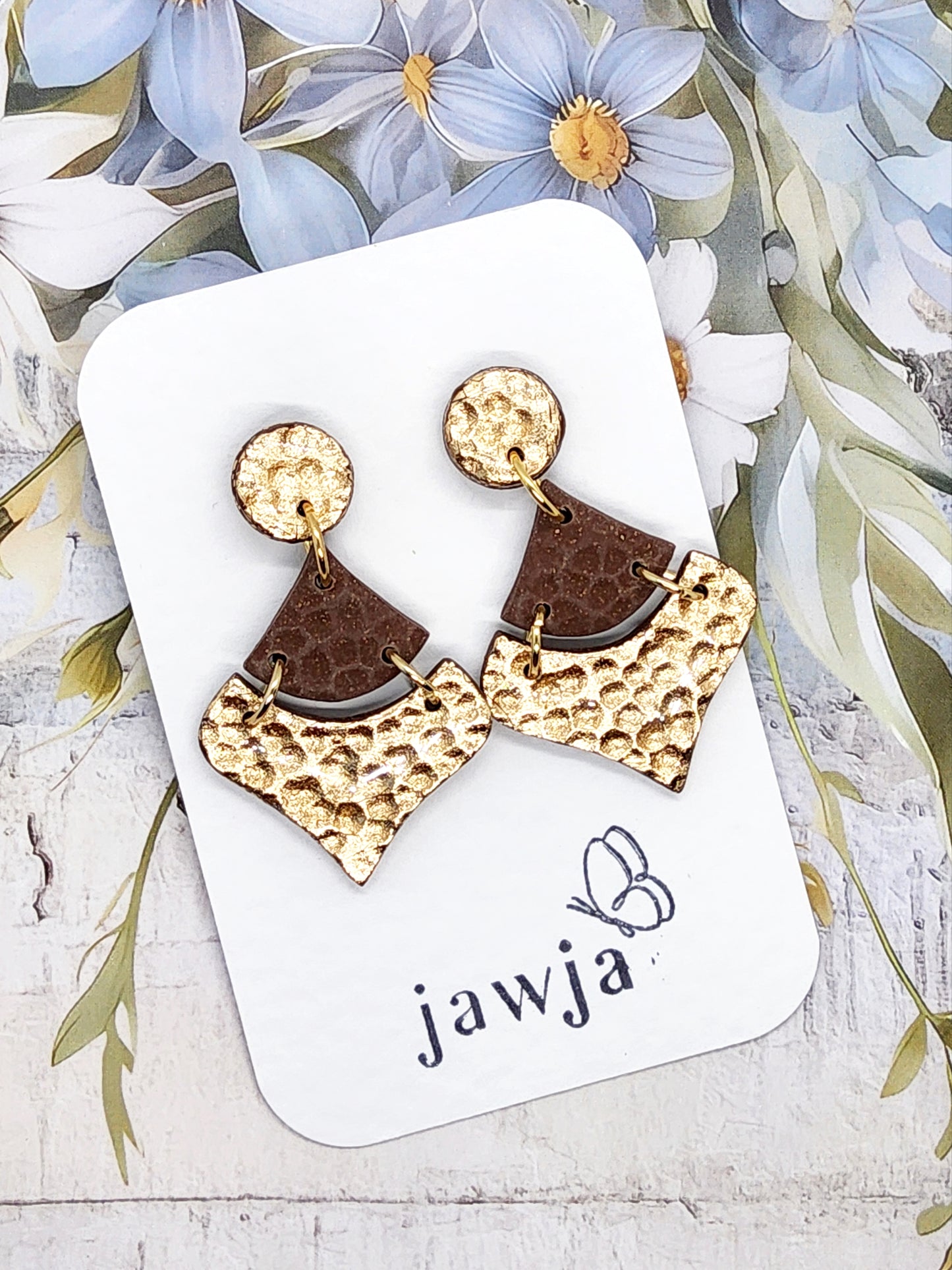 GOLD AND BROWN HAMMERED POLYMER CLAY EARRINGS
