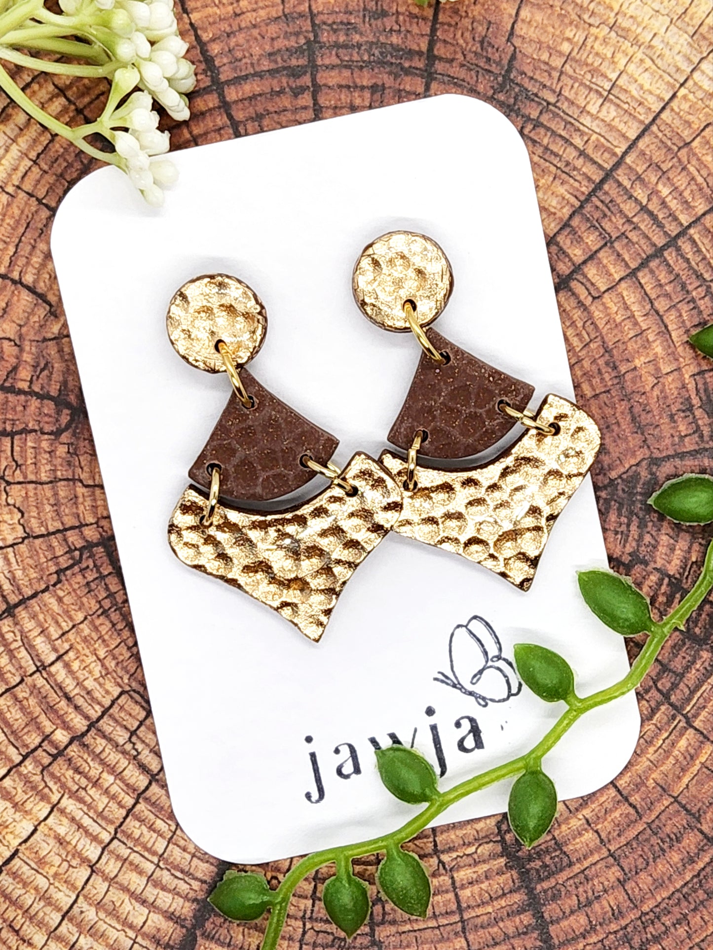 GOLD AND BROWN HAMMERED POLYMER CLAY EARRINGS