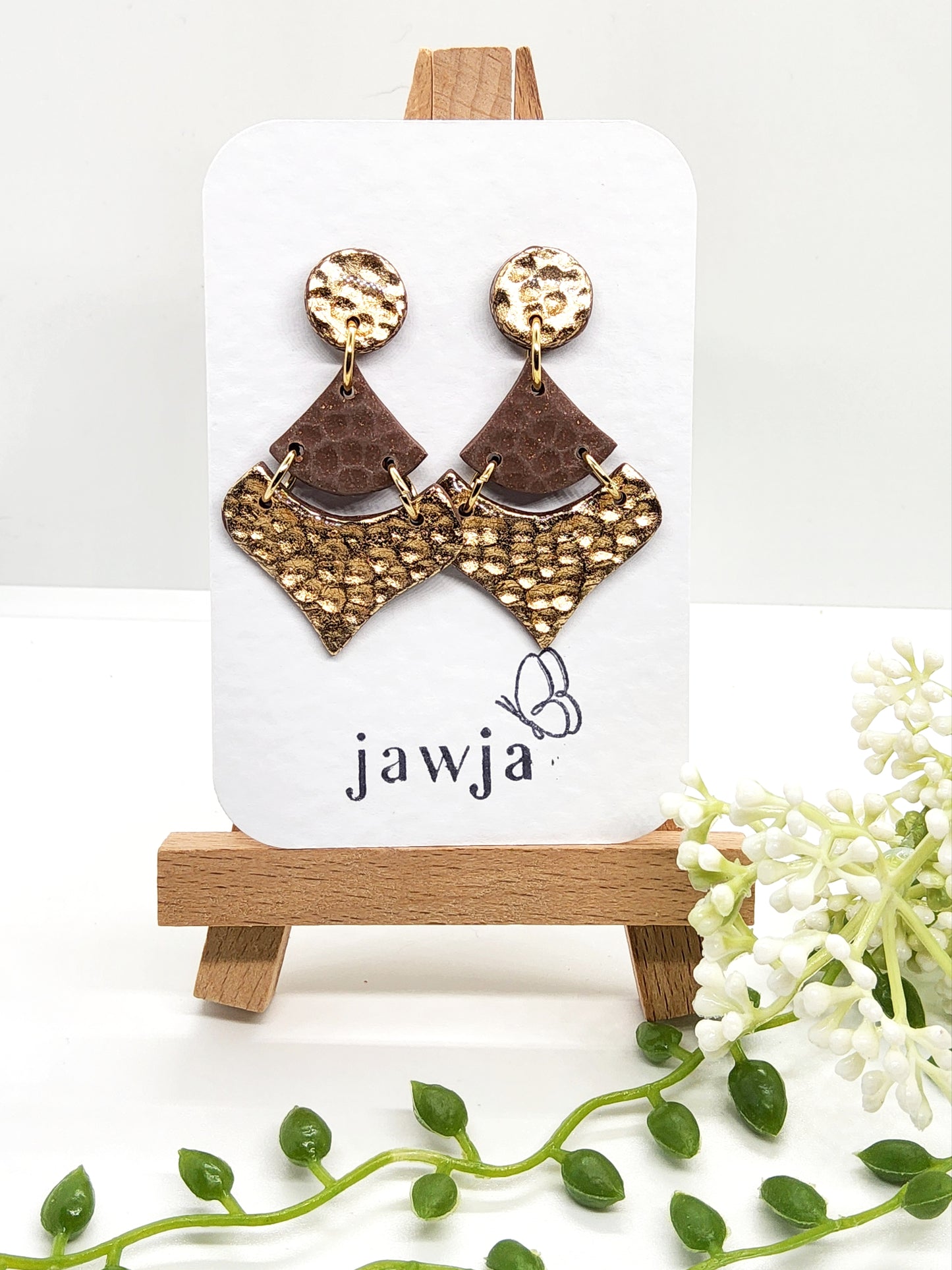 GOLD AND BROWN HAMMERED POLYMER CLAY EARRINGS