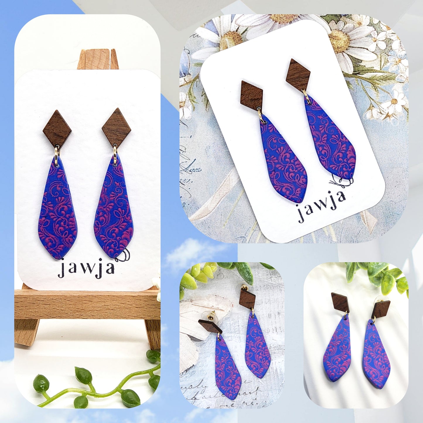 BRIGHT BLUE AND FUSCHIA SCROLL POLYMER CLAY EARRINGS