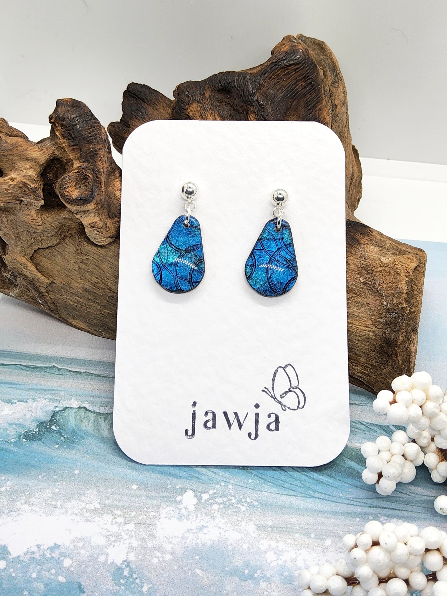 IRIDESCENT BLUE TEARDROP POLYMER CLAY EARRINGS