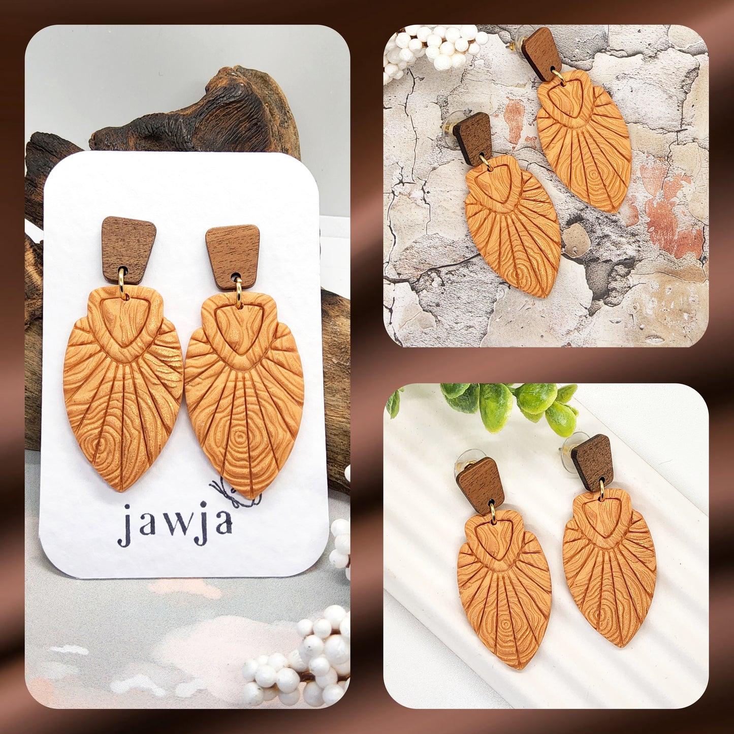 CARAMEL AND WOOD POLYMER CLAY EARRINGS