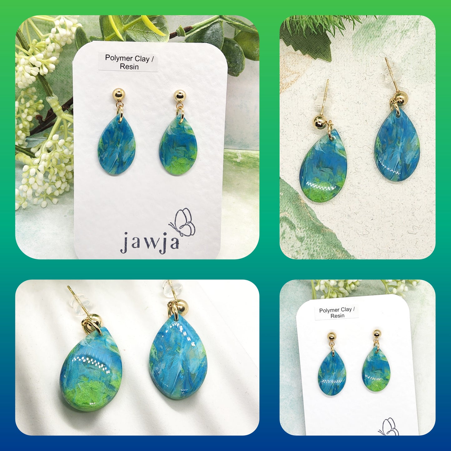 BLUE AND GREEN MARBLED POLYMER CLAY EARRINGS