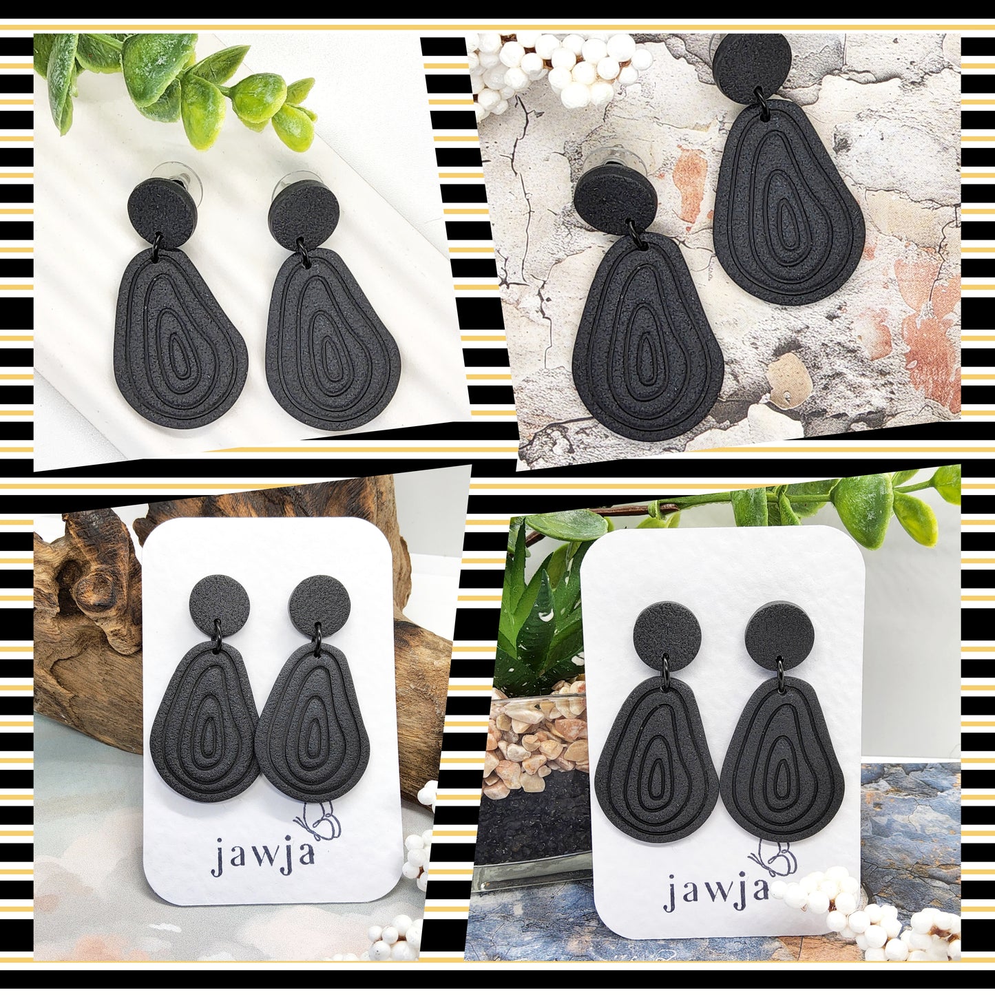 BLACK ORGANIC TEARDROP SHAPE POLYMER CLAY EARRINGS