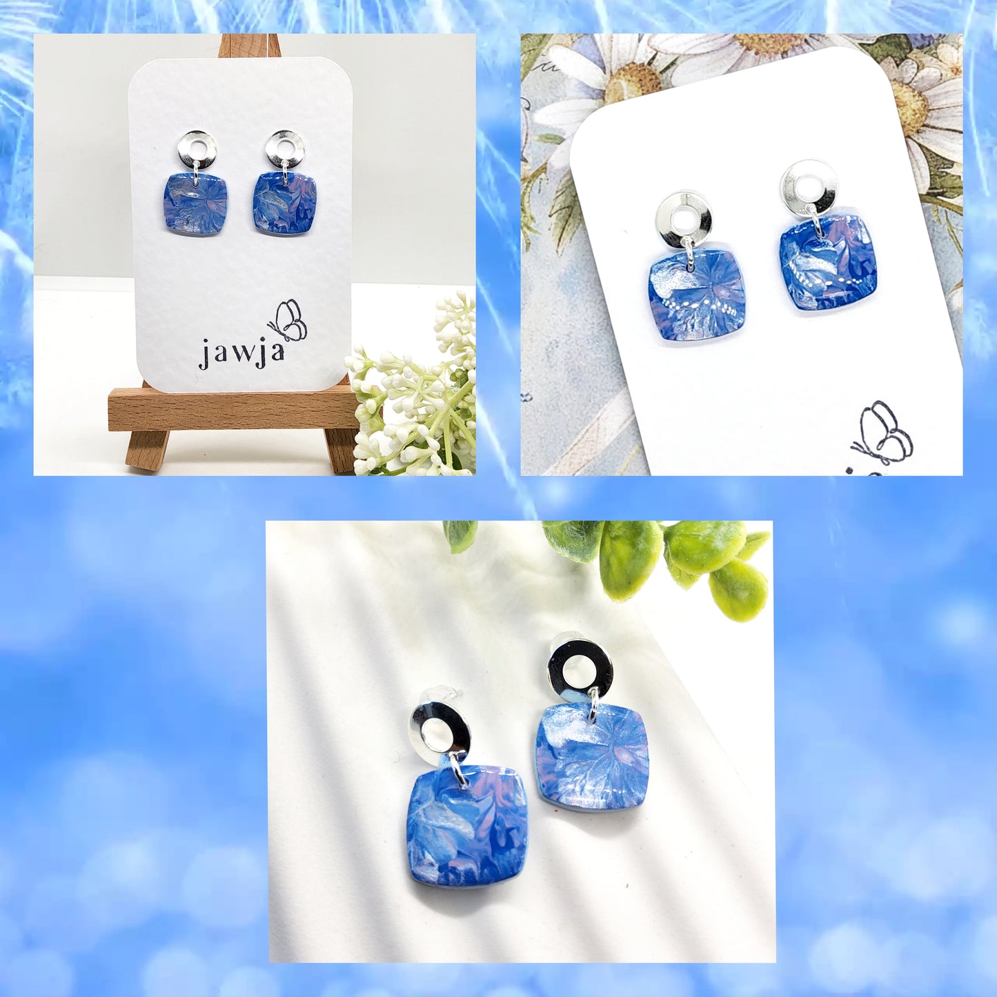 MARBLED BLUE POLYMER CLAY EARRINGS
