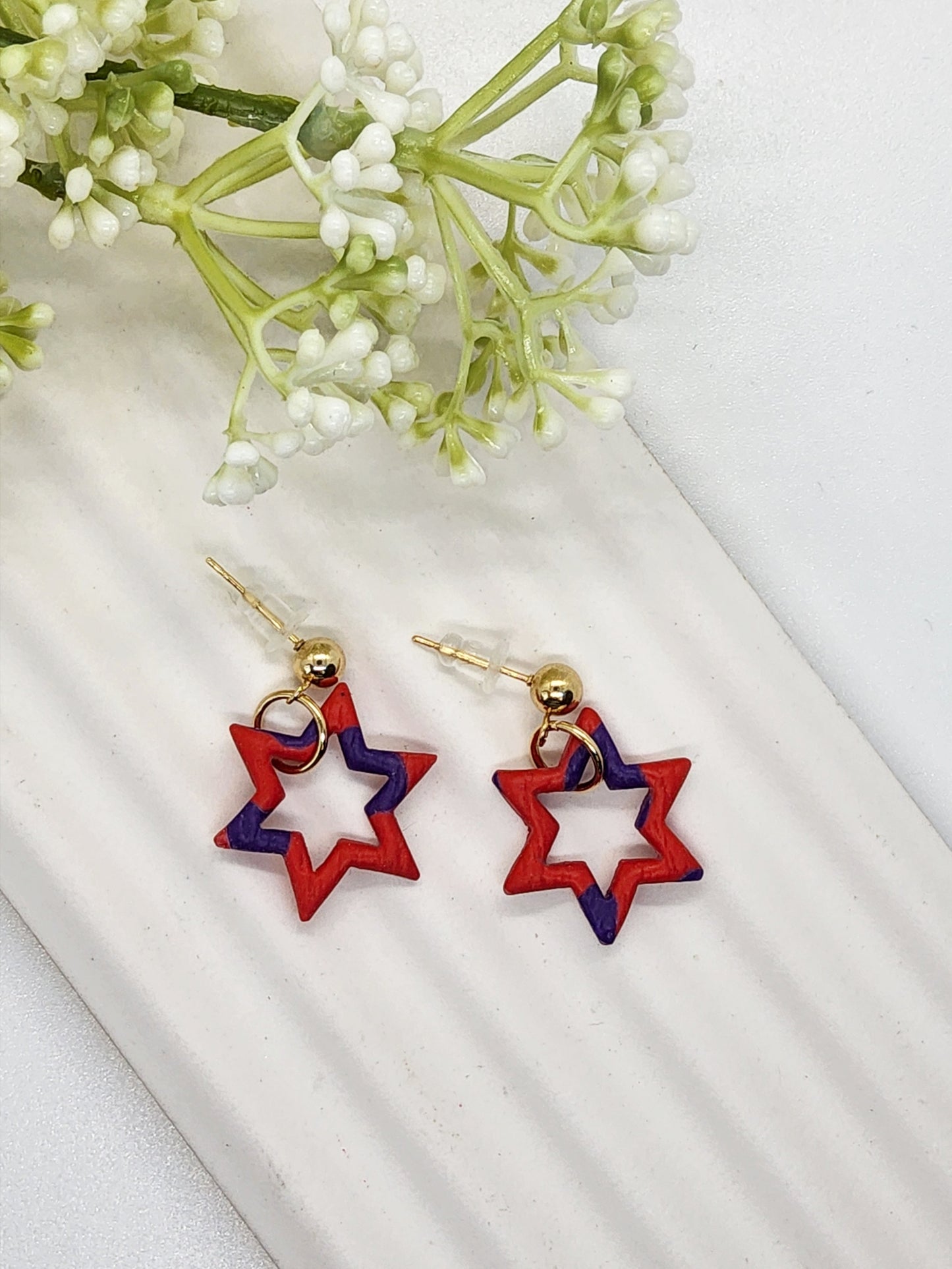 RED AND PURPLE STAR POLYMER CLAY EARRINGS