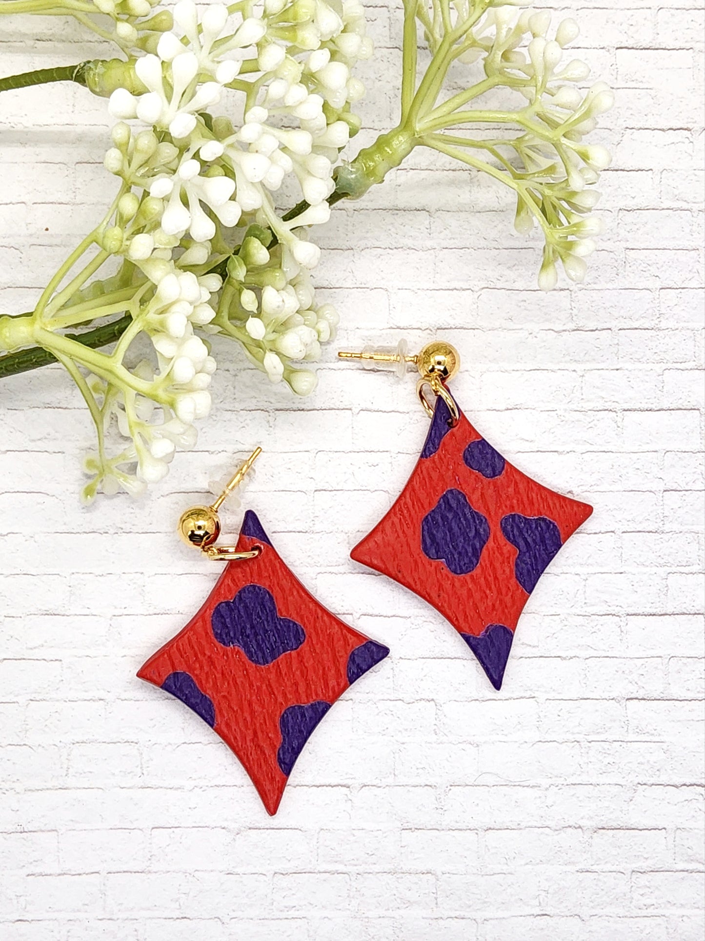 DIAMOND SHAPE RED AND PURPLE POLYMER CLAY EARRINGS