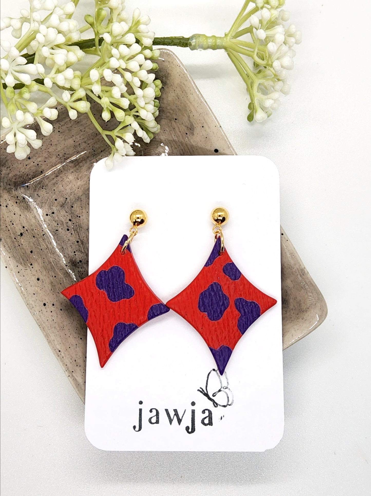 DIAMOND SHAPE RED AND PURPLE POLYMER CLAY EARRINGS