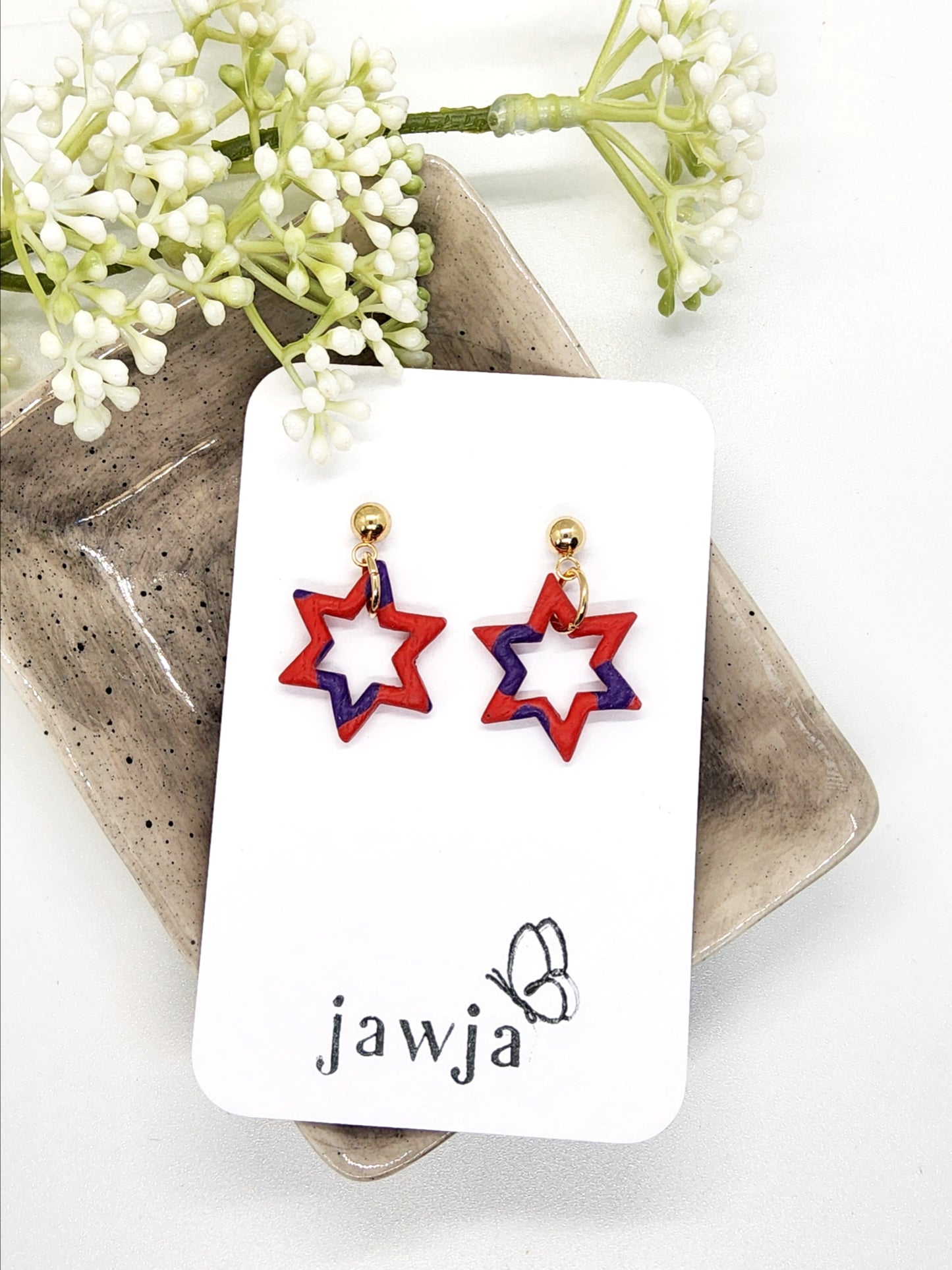 RED AND PURPLE STAR POLYMER CLAY EARRINGS