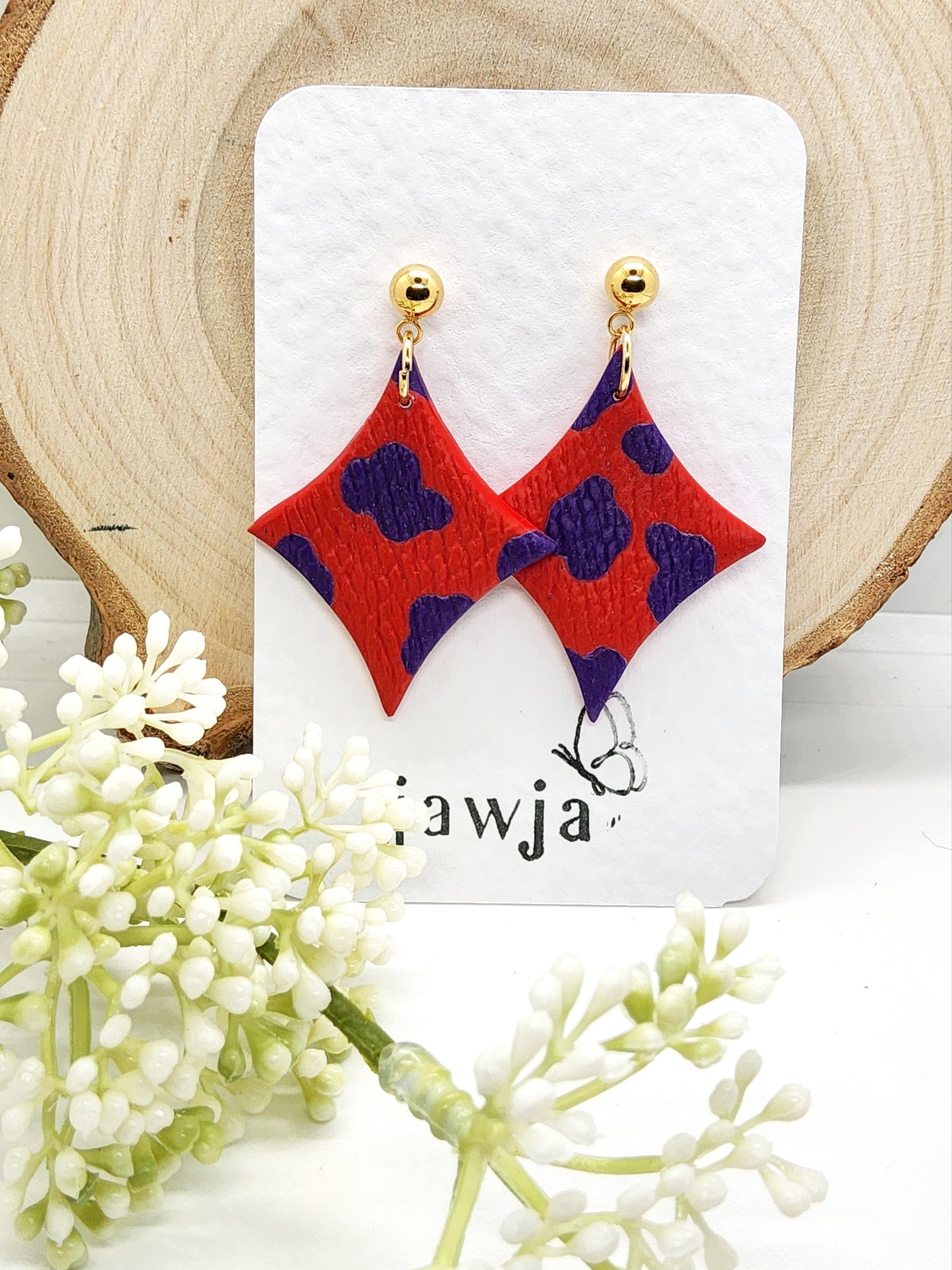 DIAMOND SHAPE RED AND PURPLE POLYMER CLAY EARRINGS