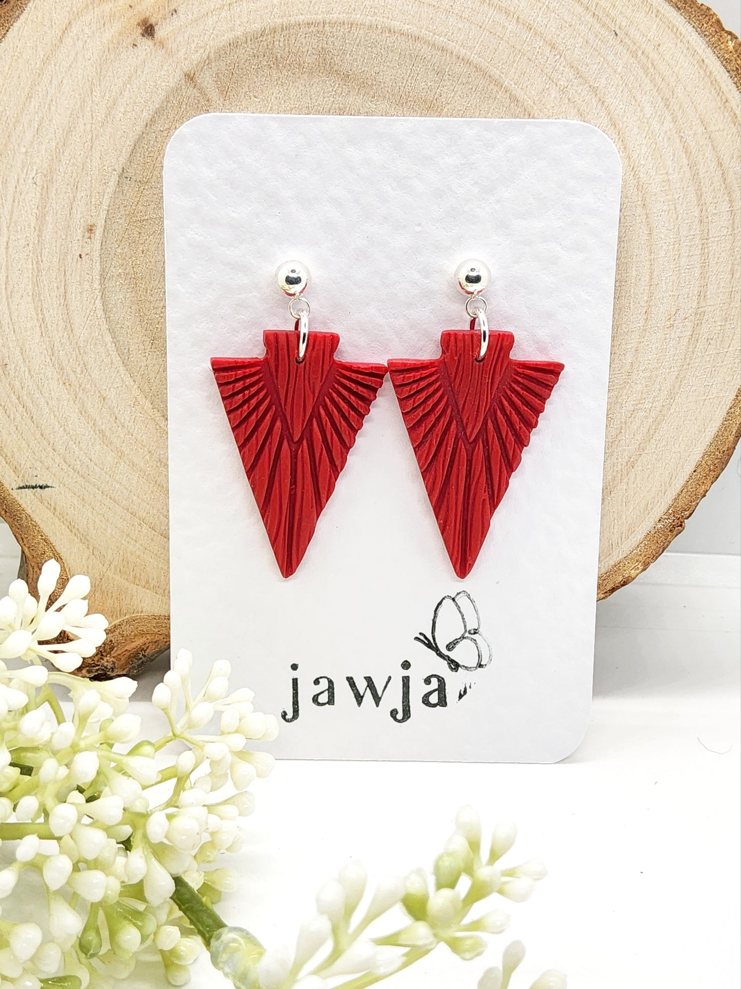CARMINE RED EMBOSSED ARROW POLYMER CLAY EARRINGS