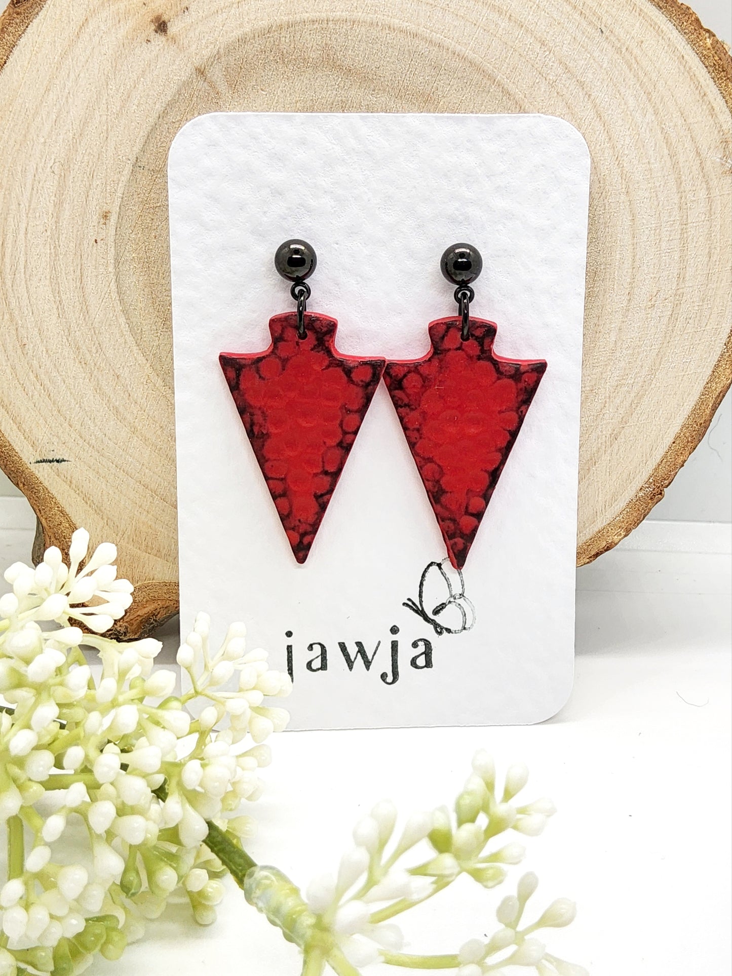 CARMINE RED SPEAR HEAD POLYMER CLAY EARRINGS