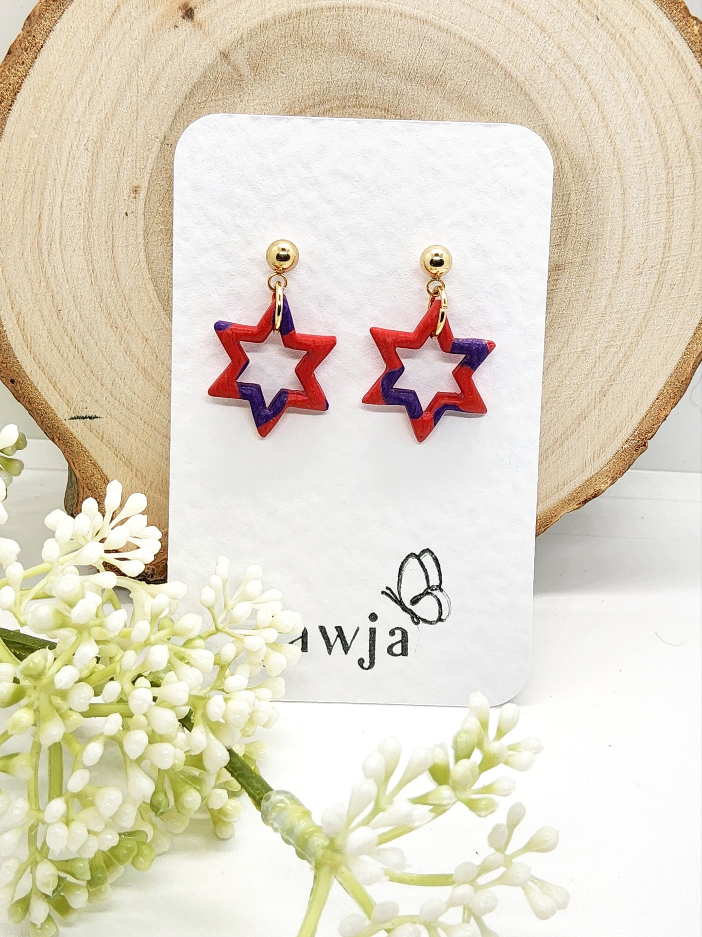 RED AND PURPLE STAR POLYMER CLAY EARRINGS