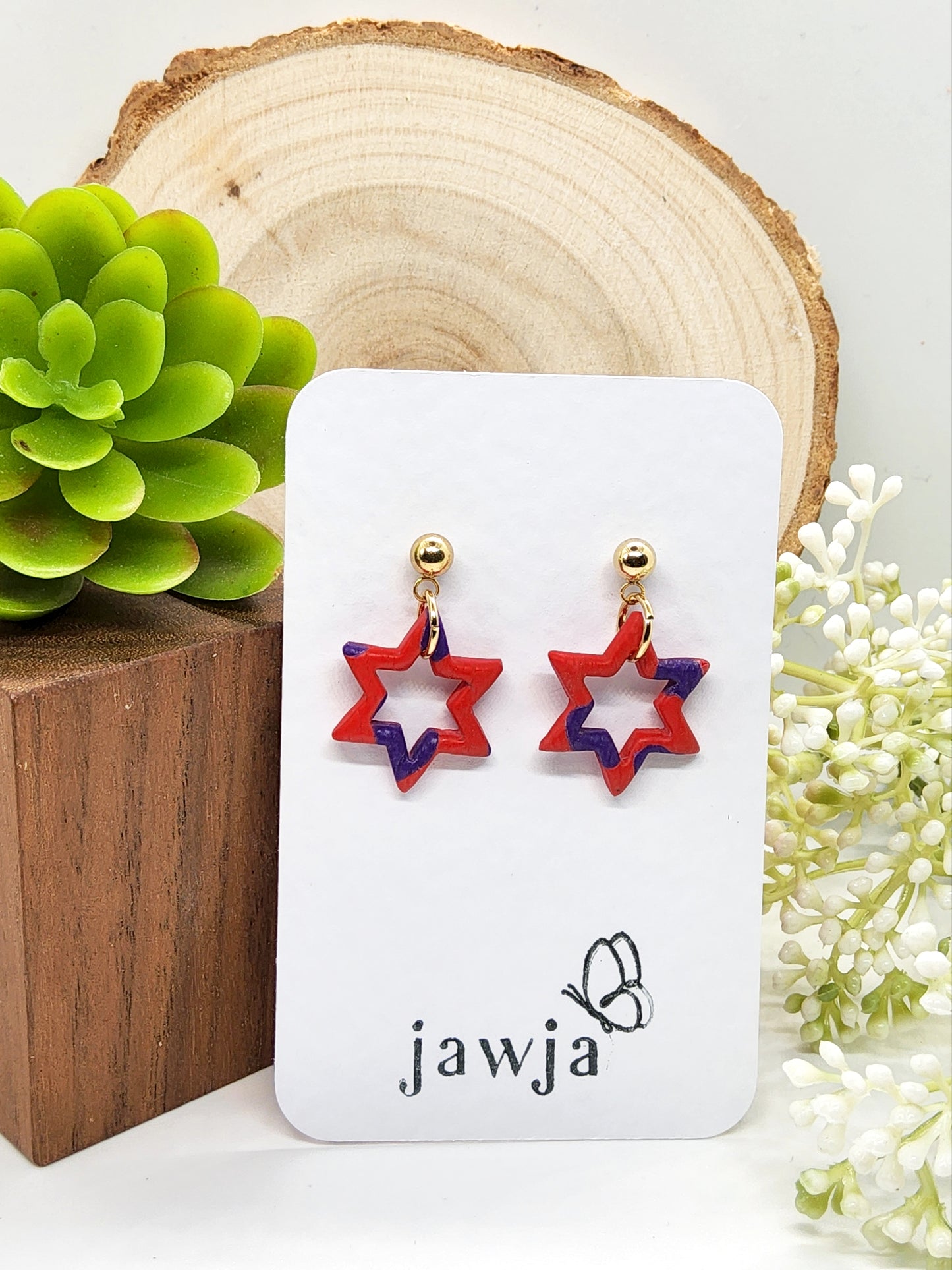 RED AND PURPLE STAR POLYMER CLAY EARRINGS