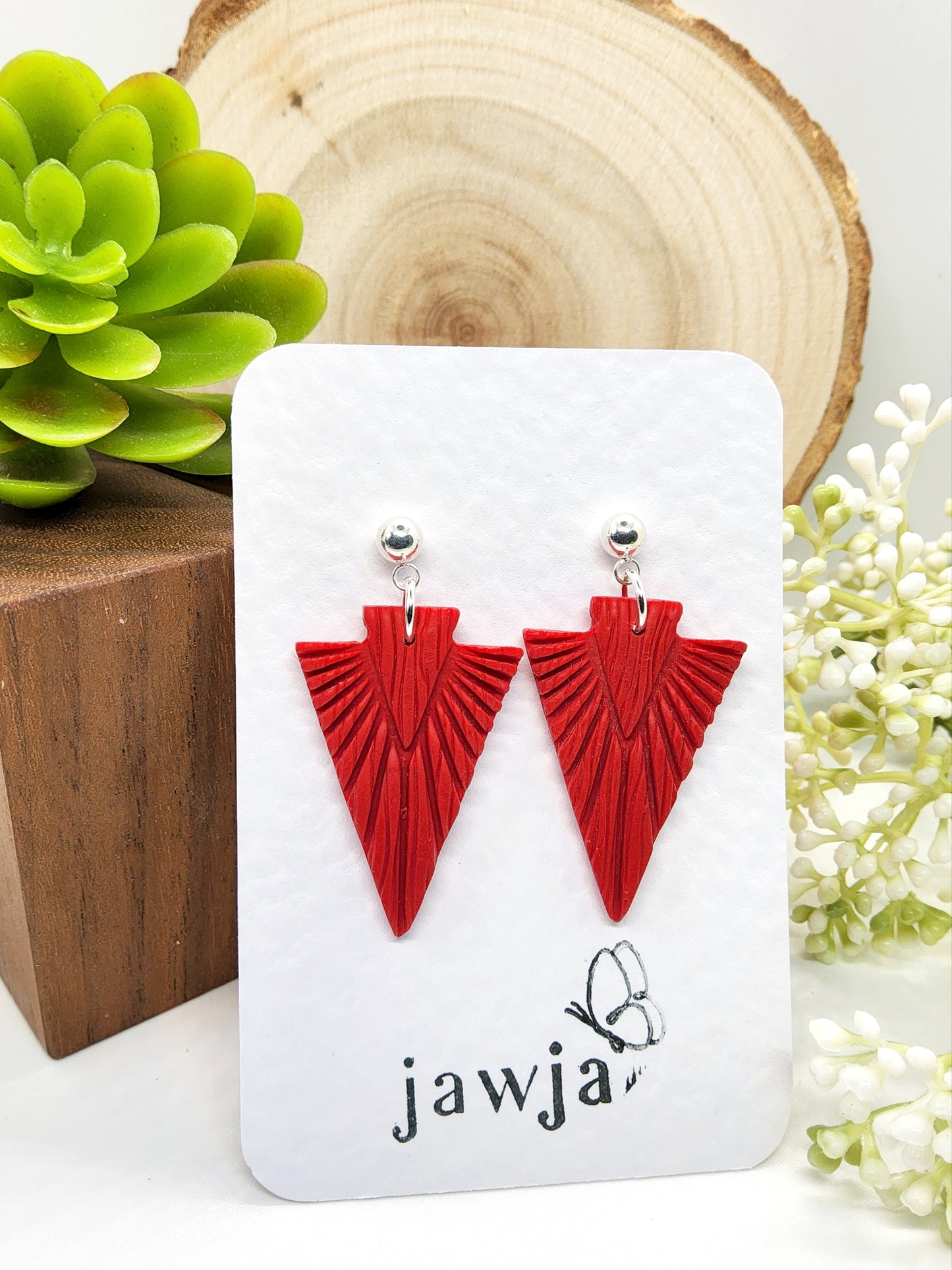 CARMINE RED EMBOSSED ARROW POLYMER CLAY EARRINGS