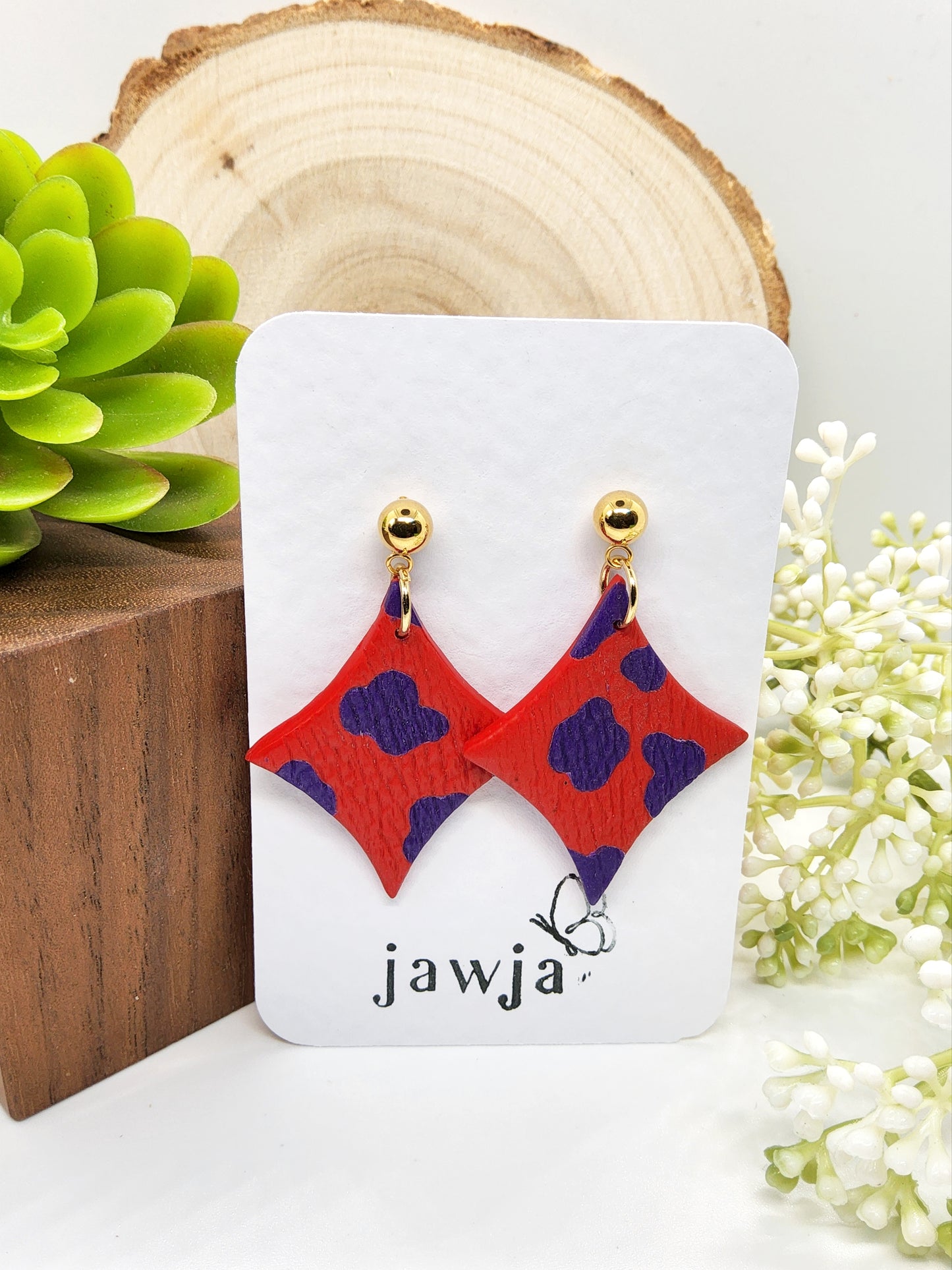 DIAMOND SHAPE RED AND PURPLE POLYMER CLAY EARRINGS