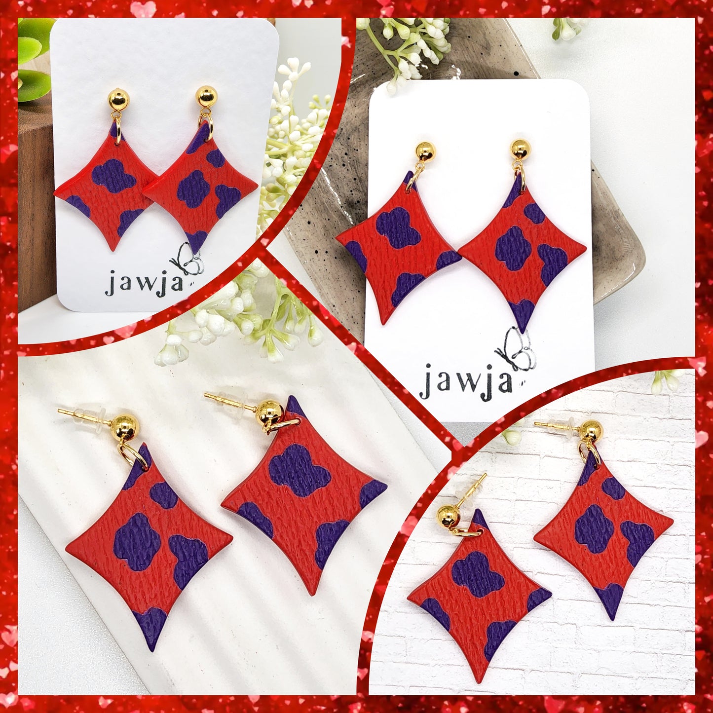DIAMOND SHAPE RED AND PURPLE POLYMER CLAY EARRINGS