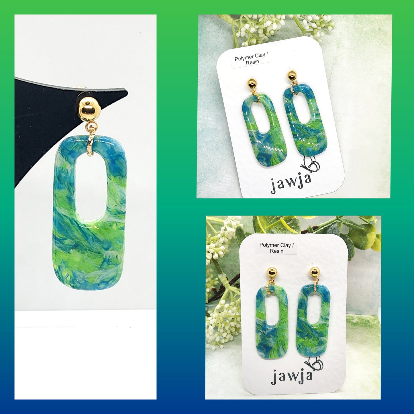 SWIRLS OF GREEN, BLUE AND WHITE POLYMER CLAY EARRINGS