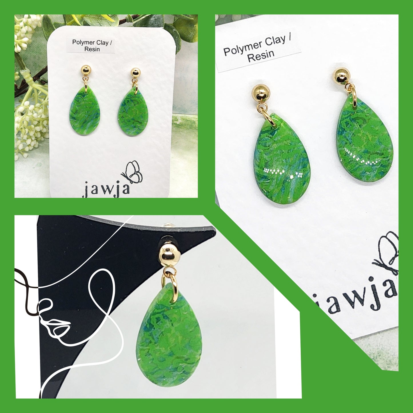 BRIGHT GREEN AND BLUE TEARDROP POLYMER CLAY EARRINGS
