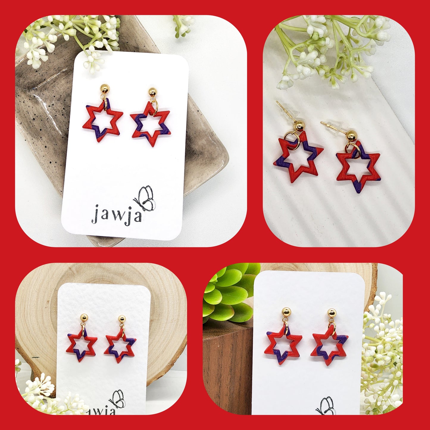 RED AND PURPLE STAR POLYMER CLAY EARRINGS