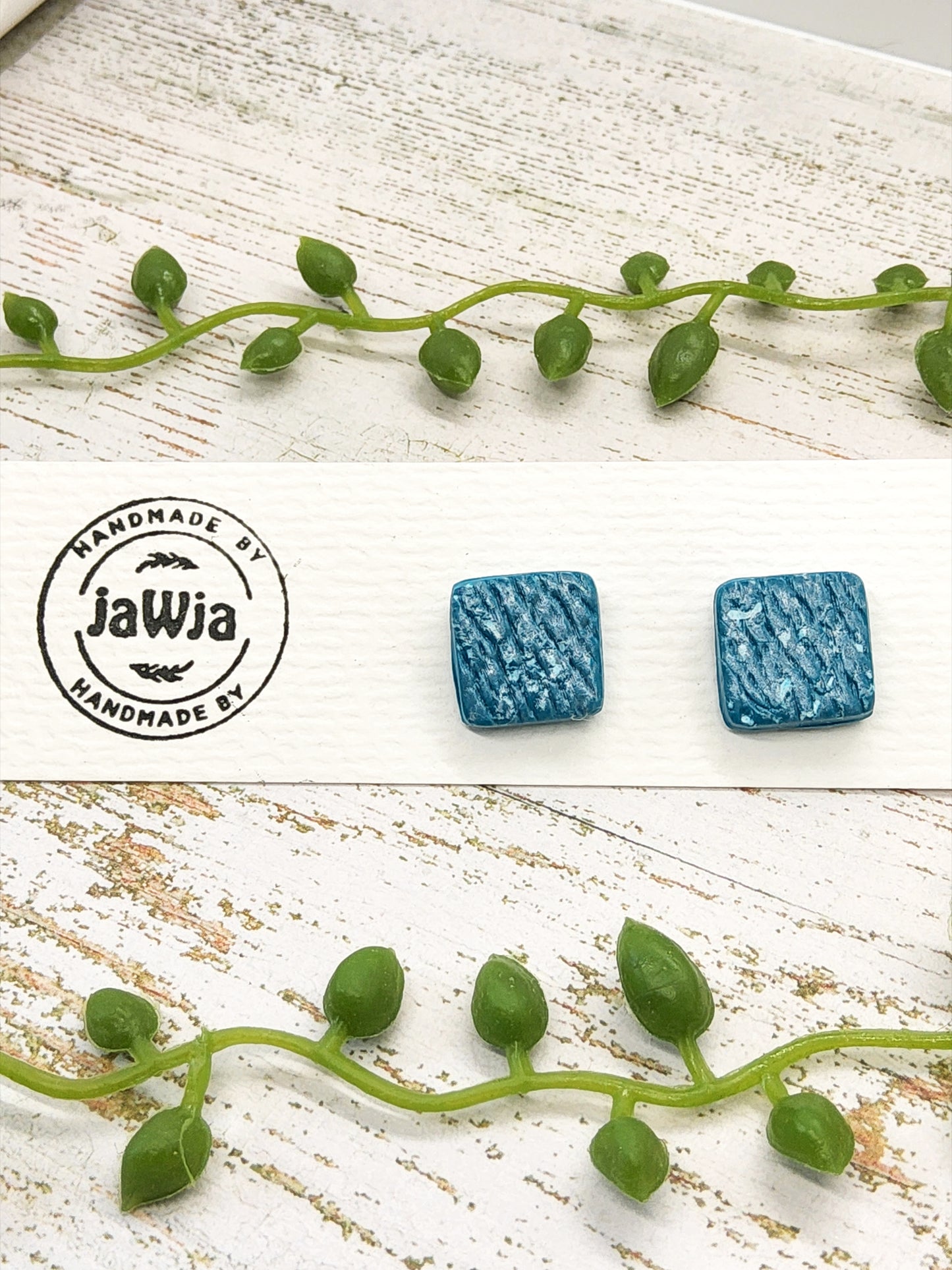 TEAL AND WHITE TEXTURED POLYMER CLAY STUD EARRINGS