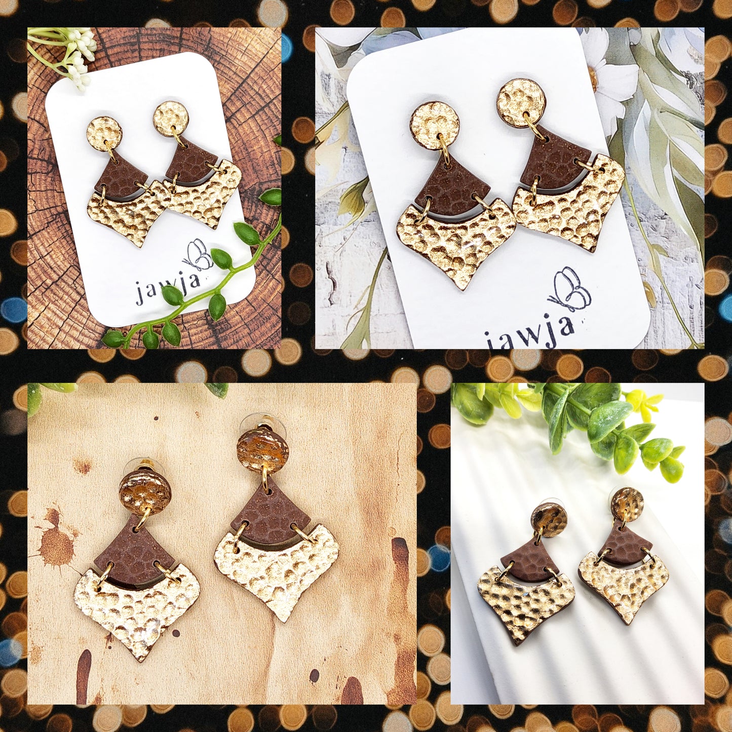 GOLD AND BROWN HAMMERED POLYMER CLAY EARRINGS