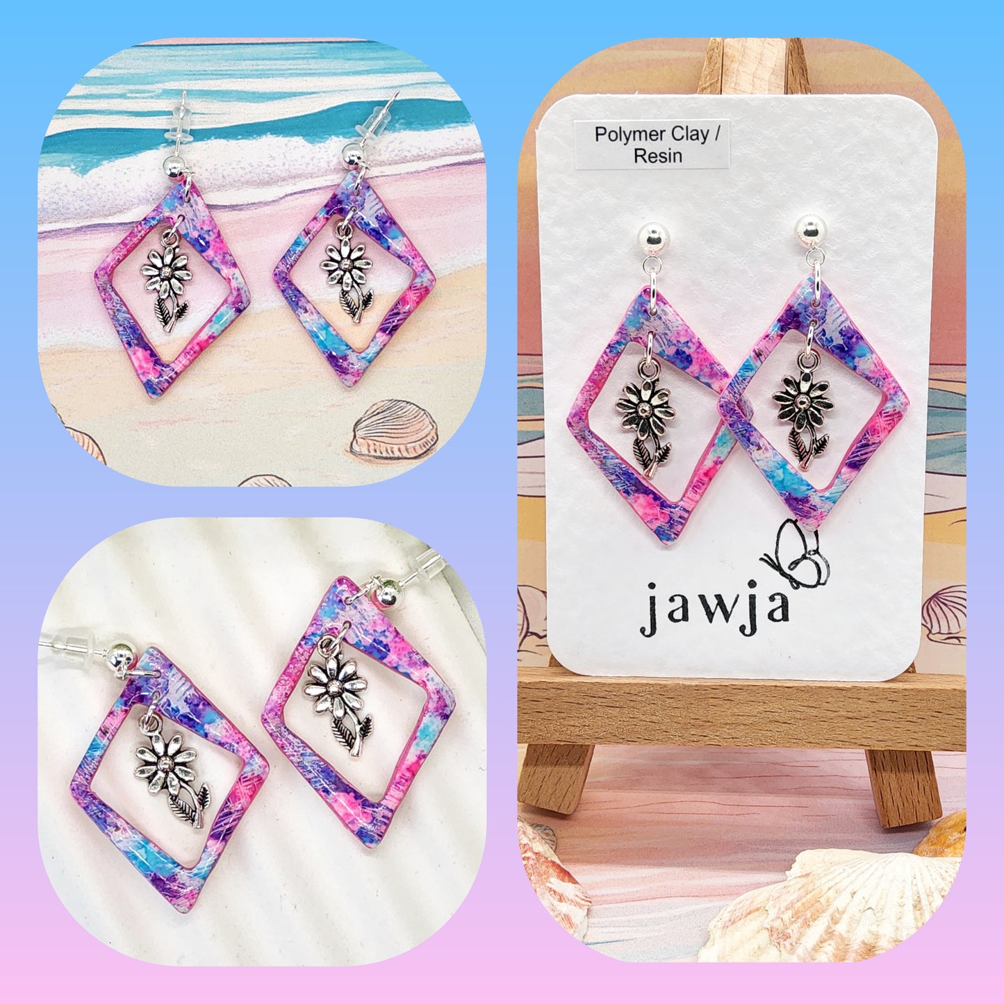 PINK AND BLUE PICTURE FRAME POLYMER CLAY EARRINGS